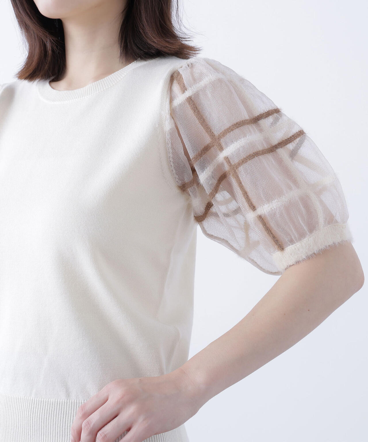 シアーチェックスリーブニット