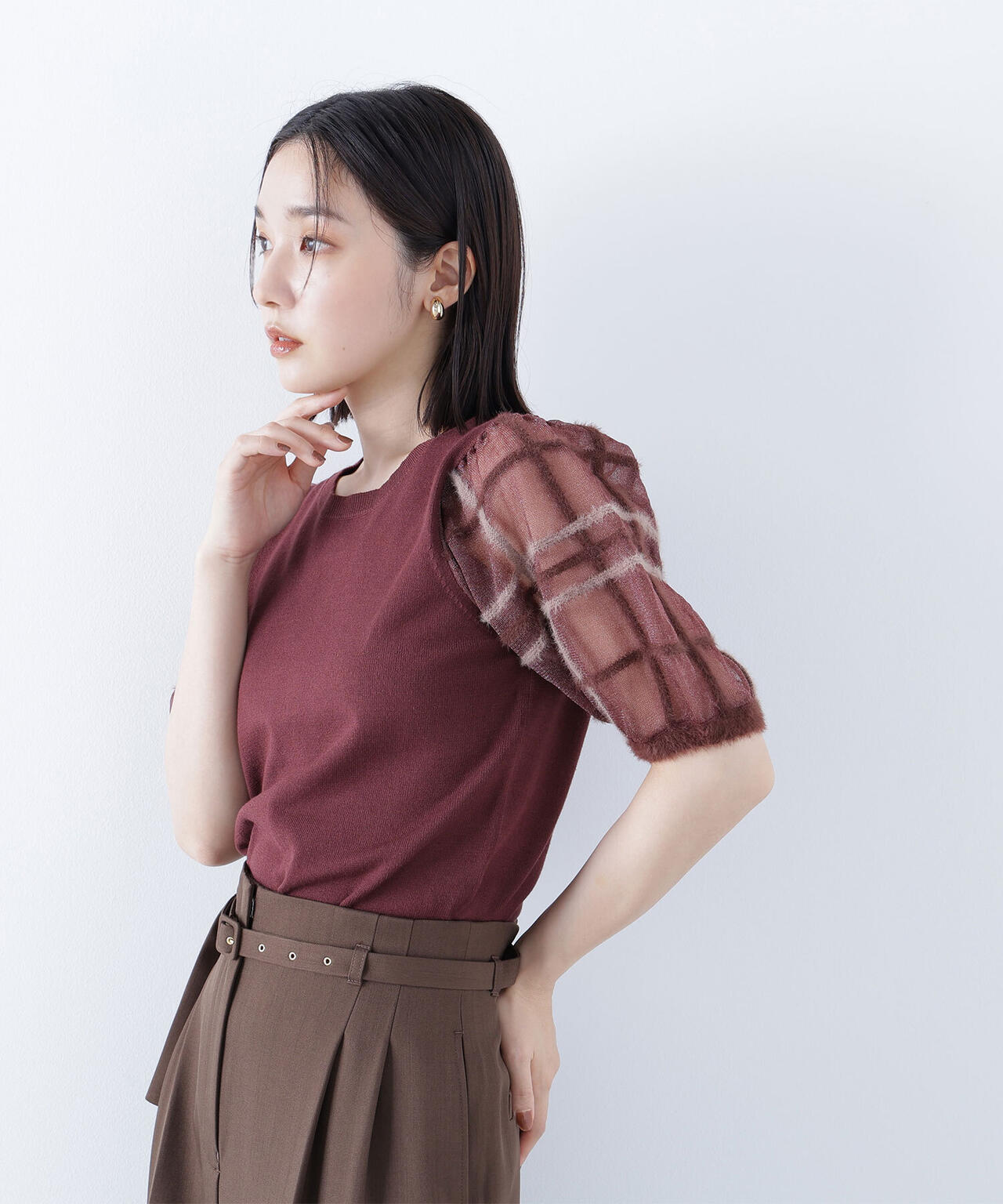 シアーチェックスリーブニット