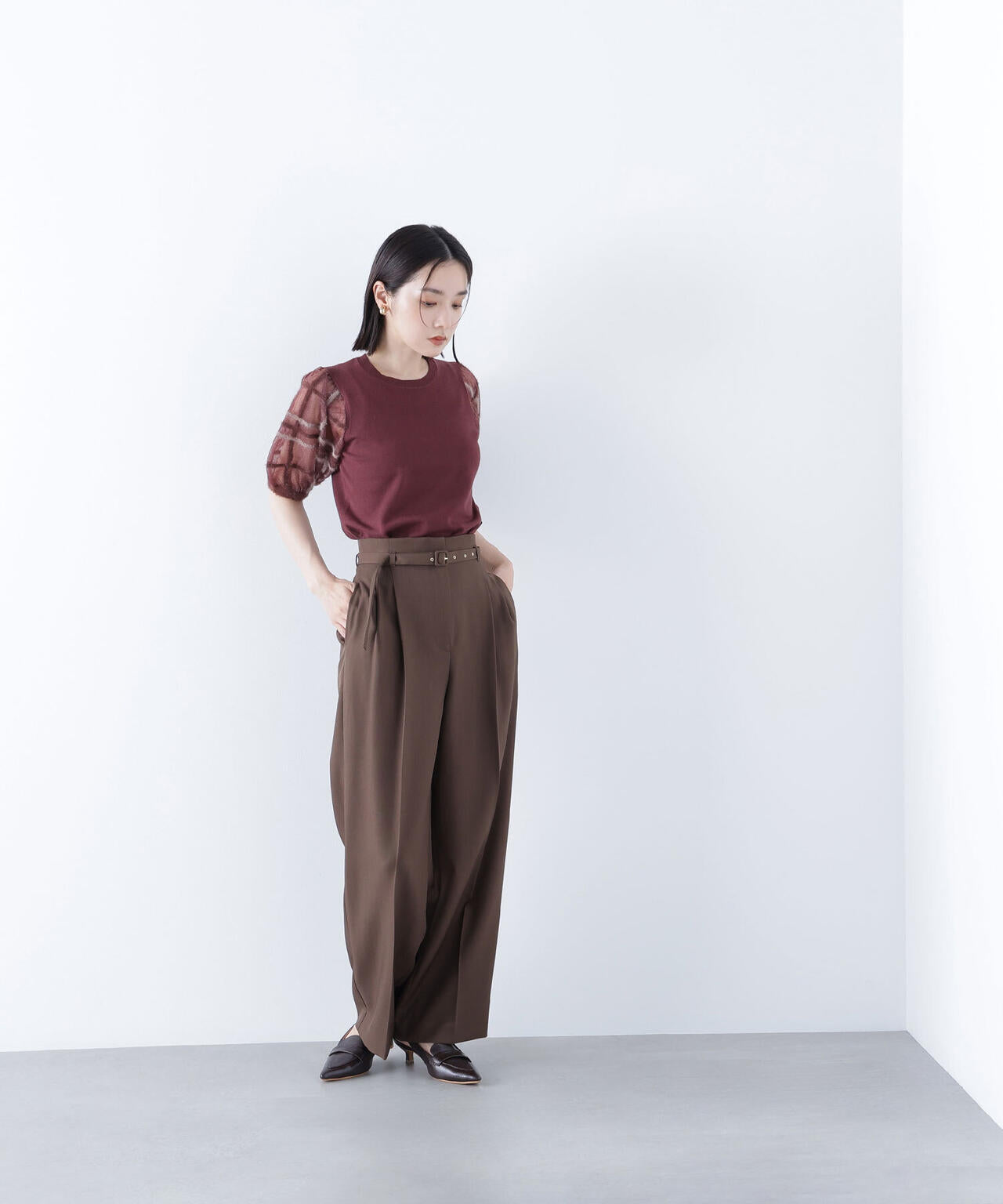 シアーチェックスリーブニット