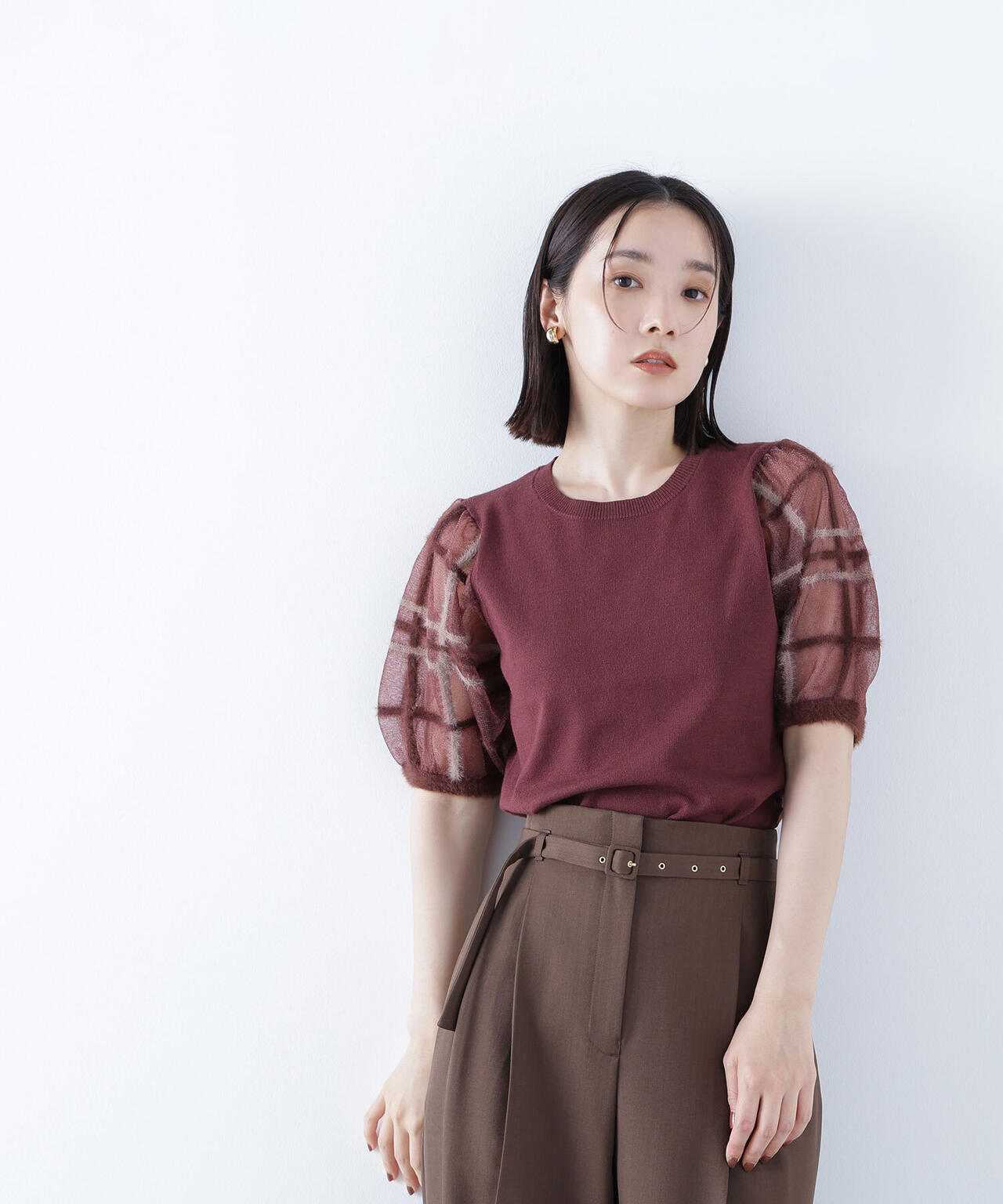 シアーチェックスリーブニット