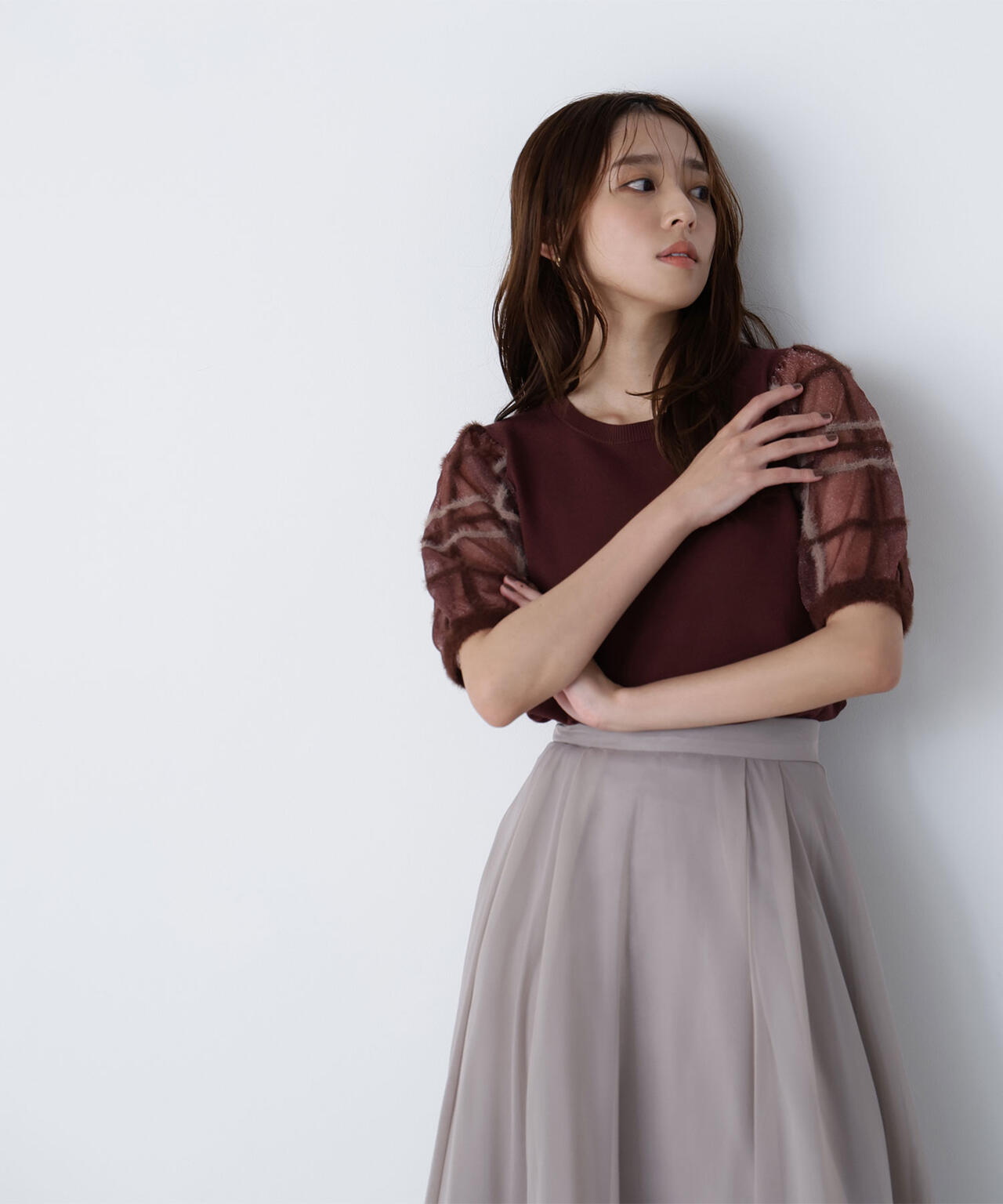 シアーチェックスリーブニット