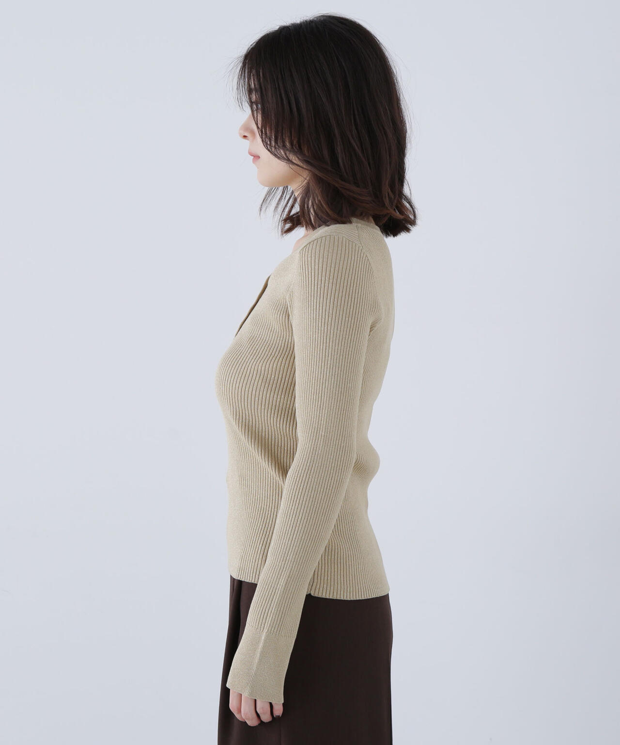 フロントボタンラメリブニット