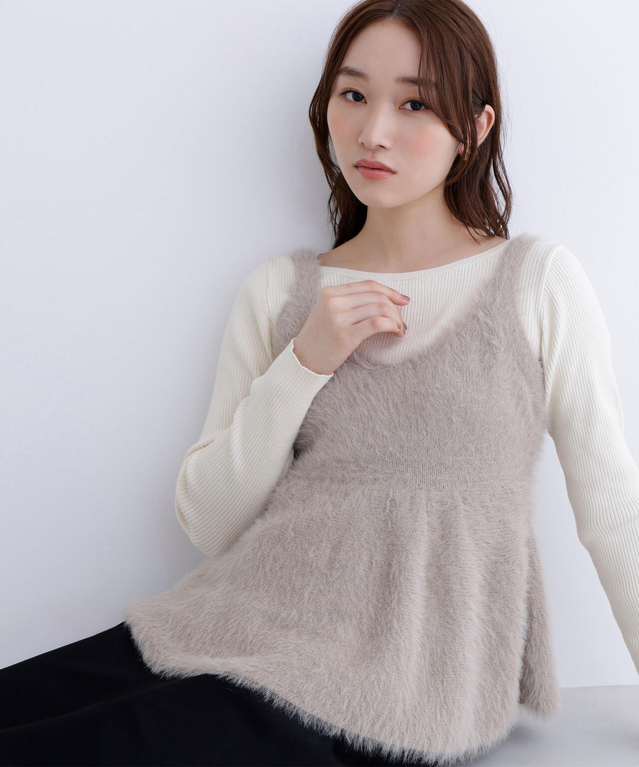 ヘアリーペプラムキャミセットニット