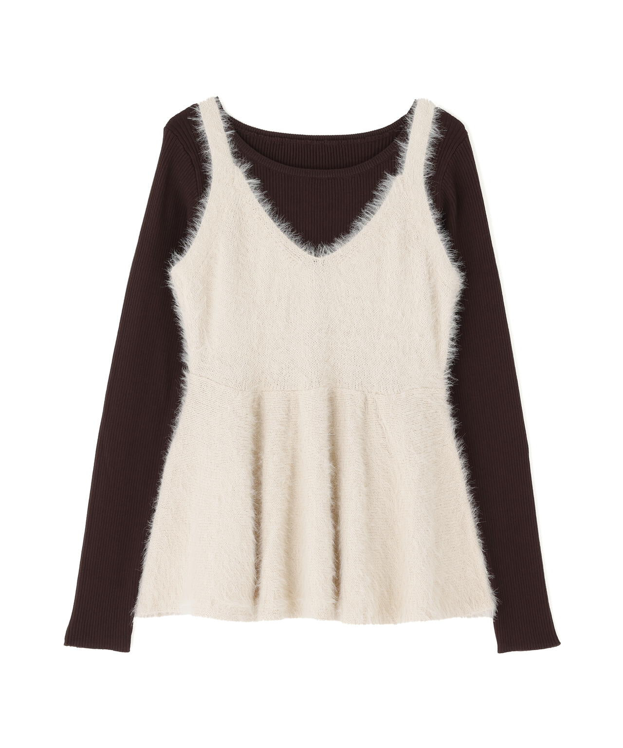 【タカシマヤゲートタワーモール・mix.tokyo 限定カラー:ブラウンxオフ】ヘアリーペプラムキャミセットニット