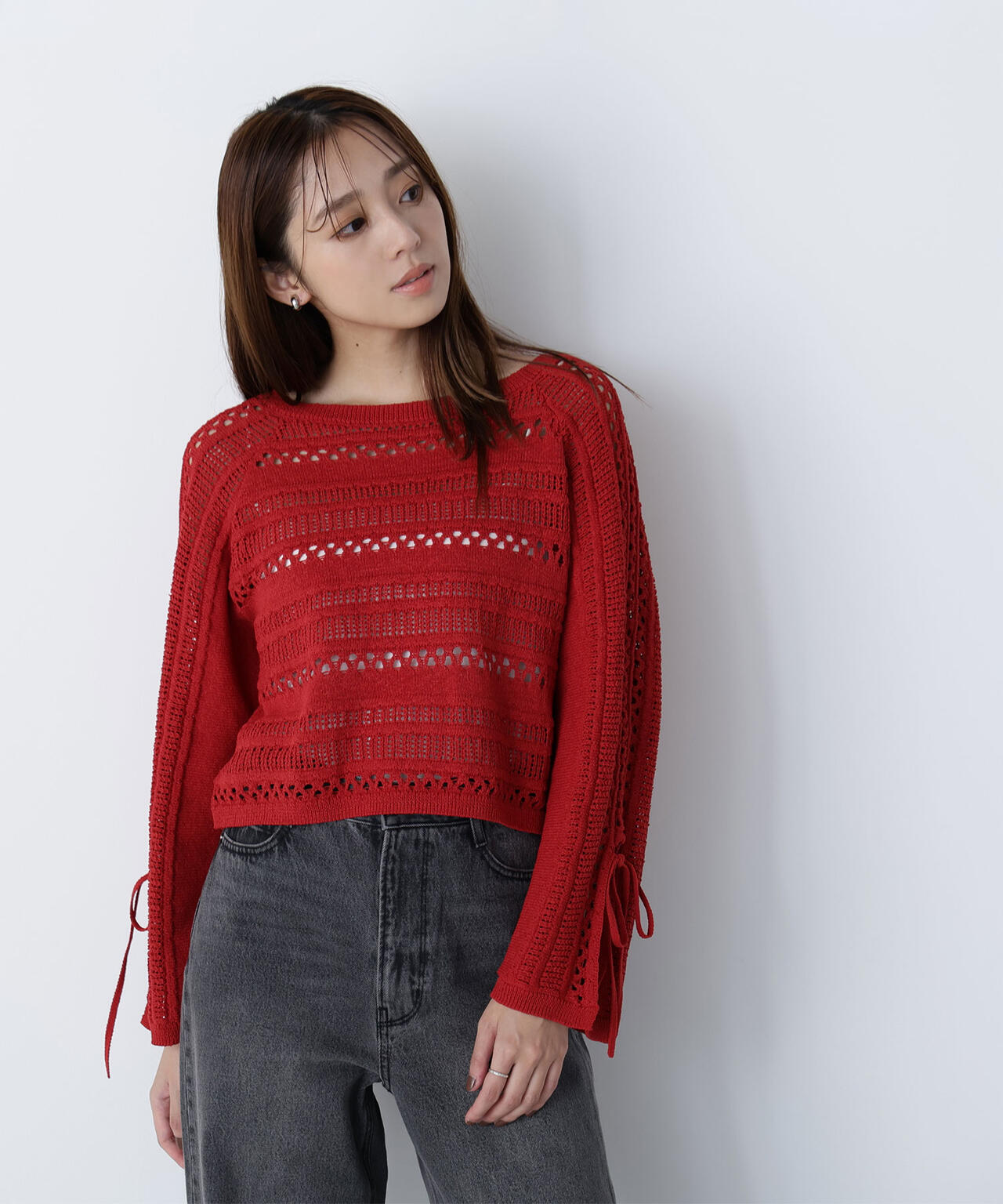 透かし編みリボンスリーブニット