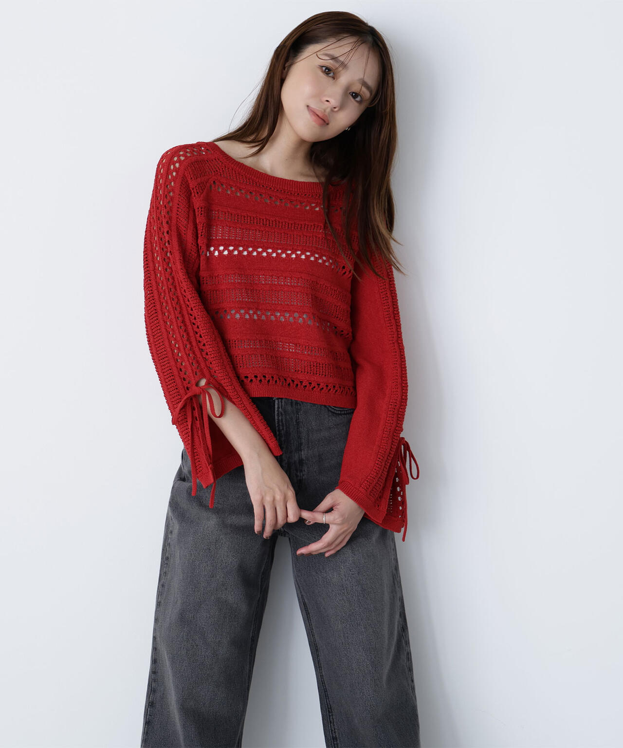 透かし編みリボンスリーブニット