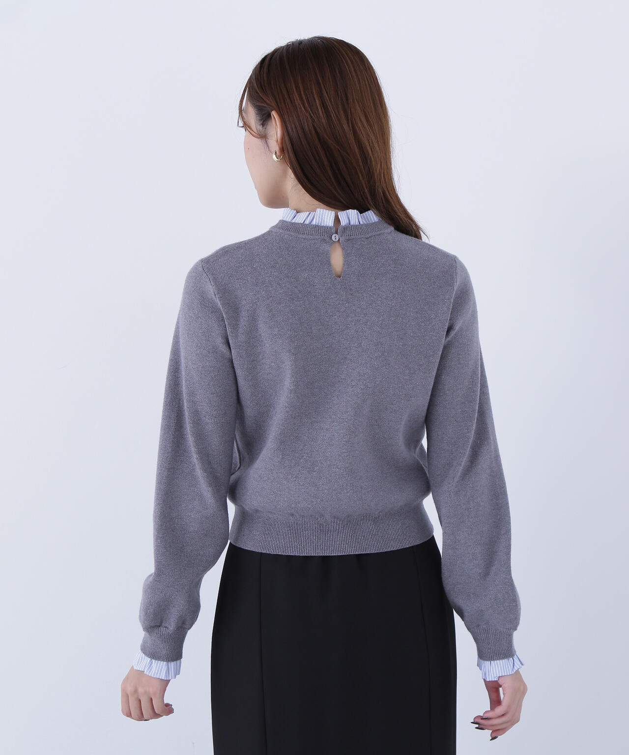 ストライプフリルネックニット