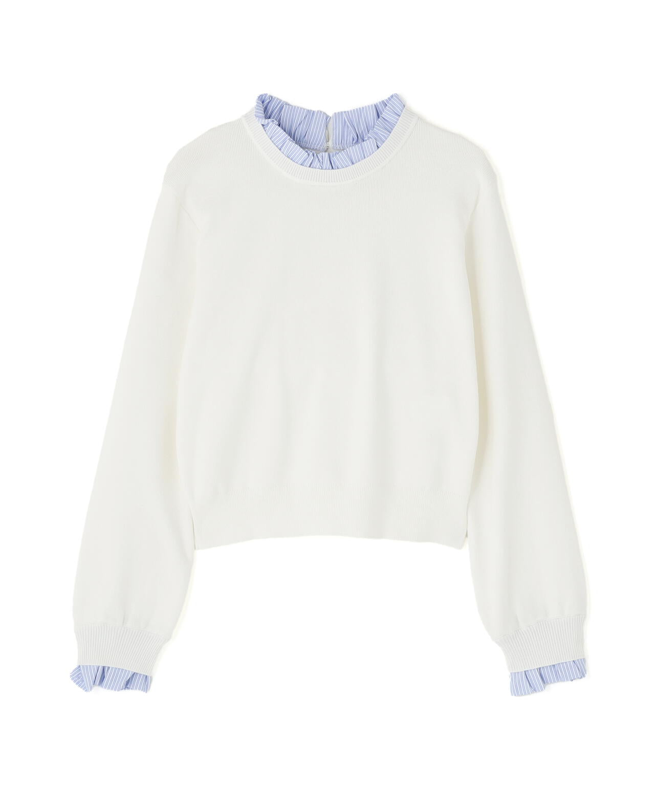 ストライプフリルネックニット