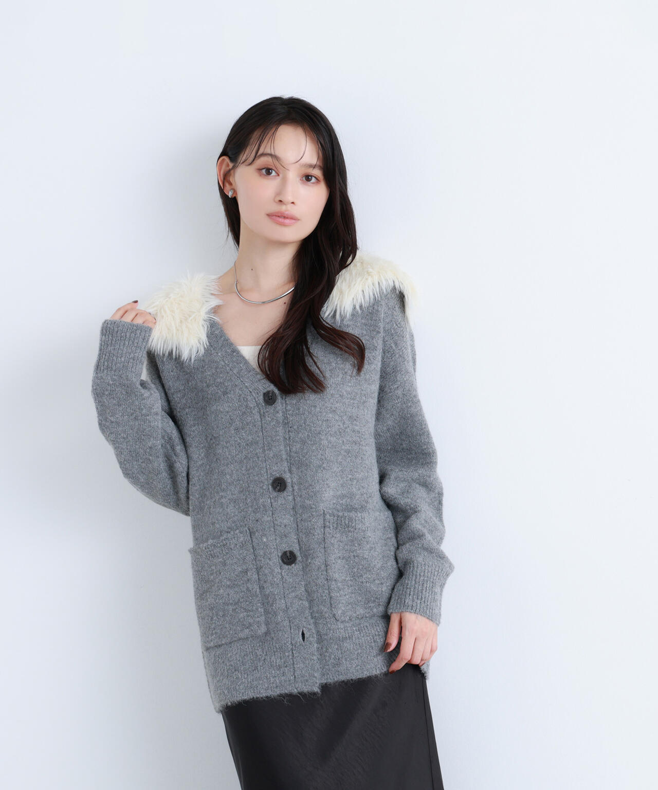【BLANC】フェイクファー付ボクシーカーディガン