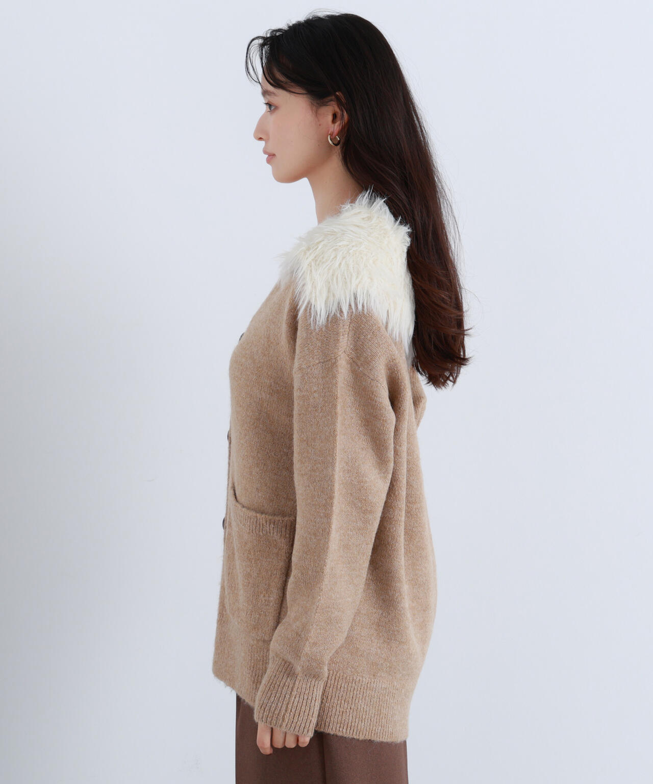 【BLANC】フェイクファー付ボクシーカーディガン