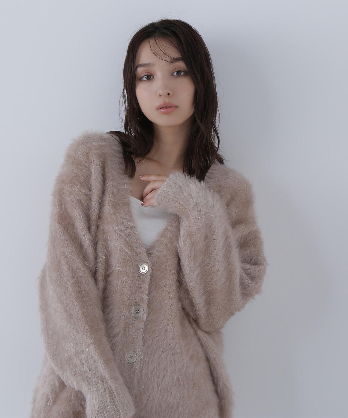 ヘアリーラメニットシリーズ Vネックカーディガン