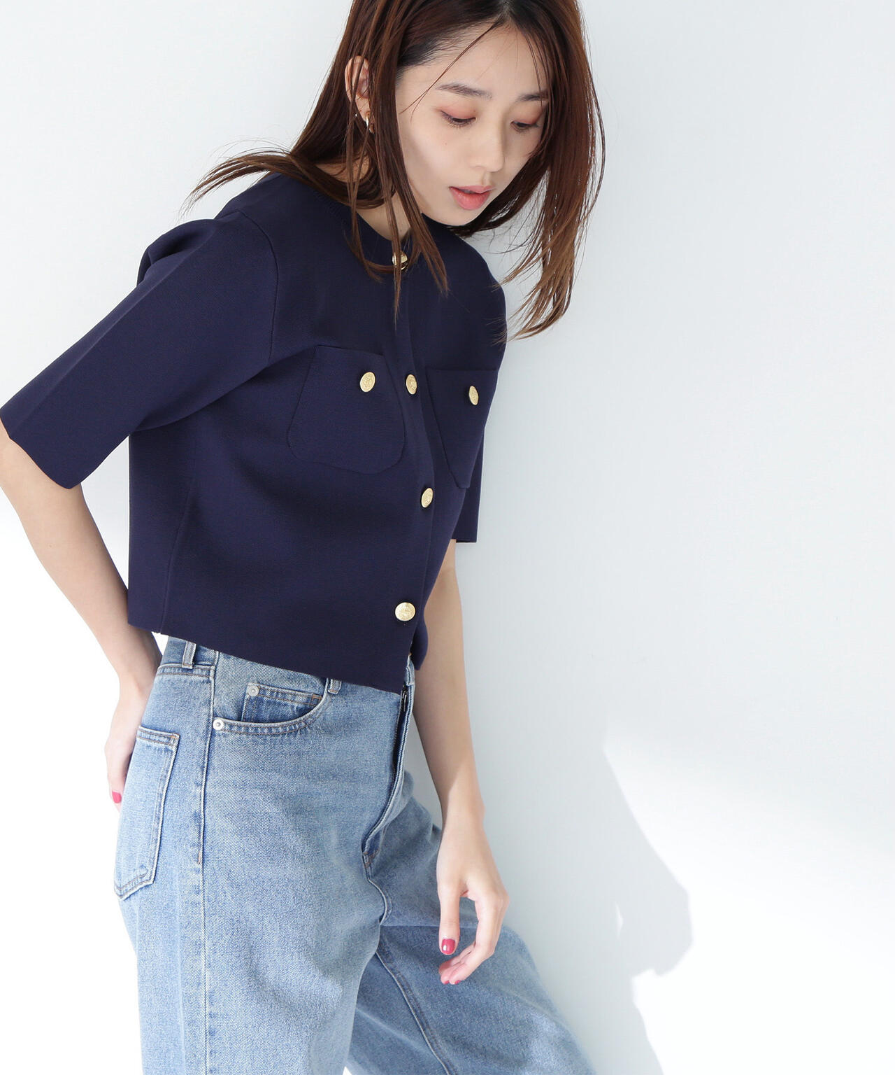 エンブレムボタンニットジャケット半袖