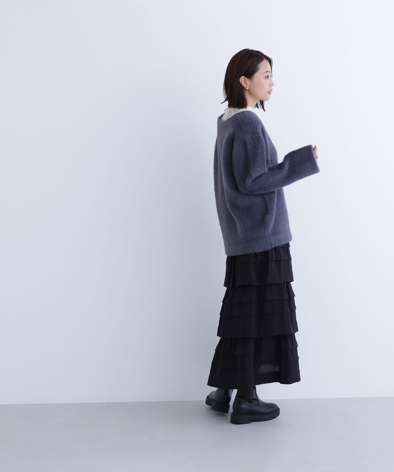 Vネックシャギー接結コーディガン