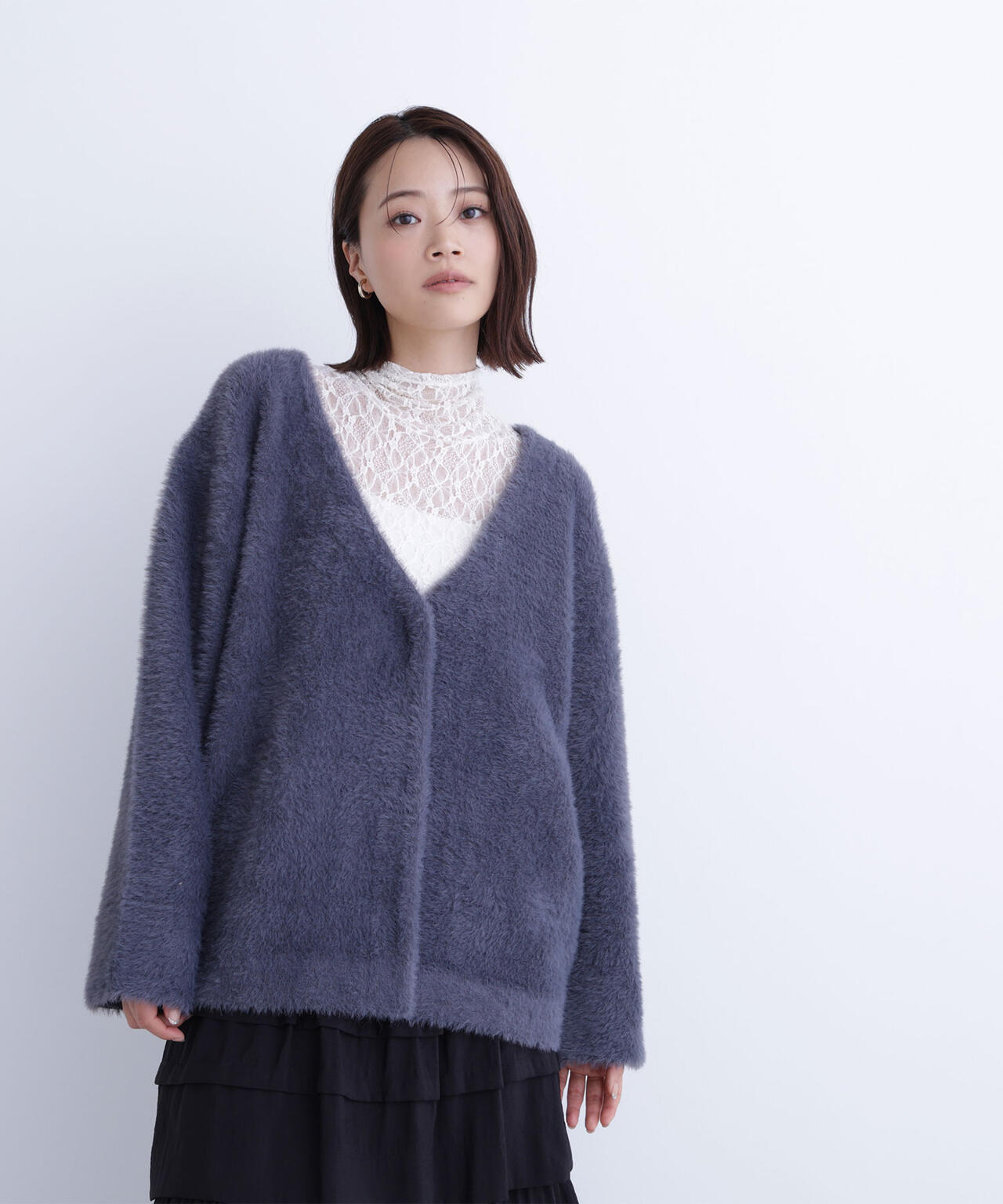 Vネックシャギー接結コーディガン