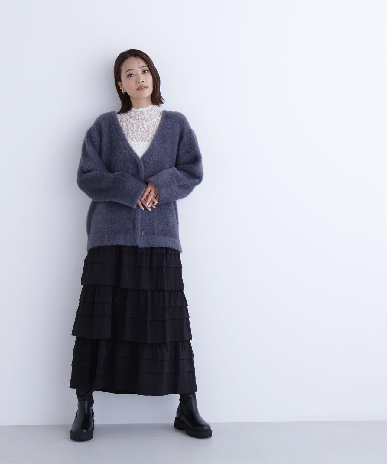 Vネックシャギー接結コーディガン