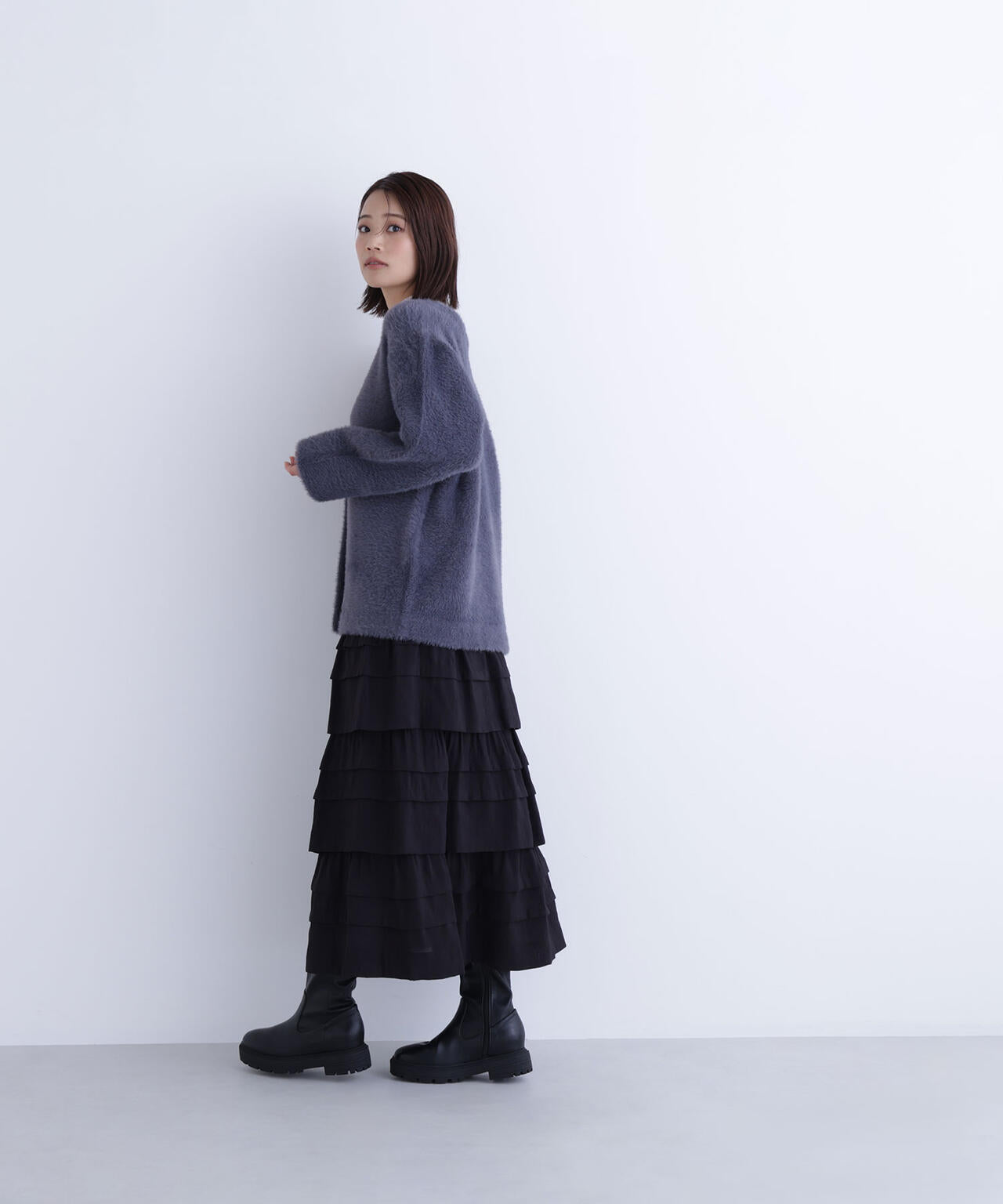 Vネックシャギー接結コーディガン