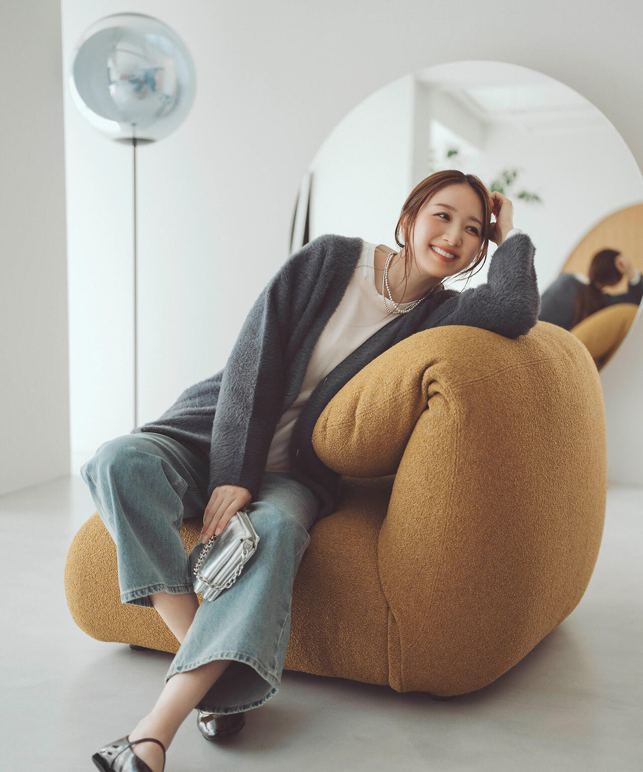 Vネックシャギー接結コーディガン