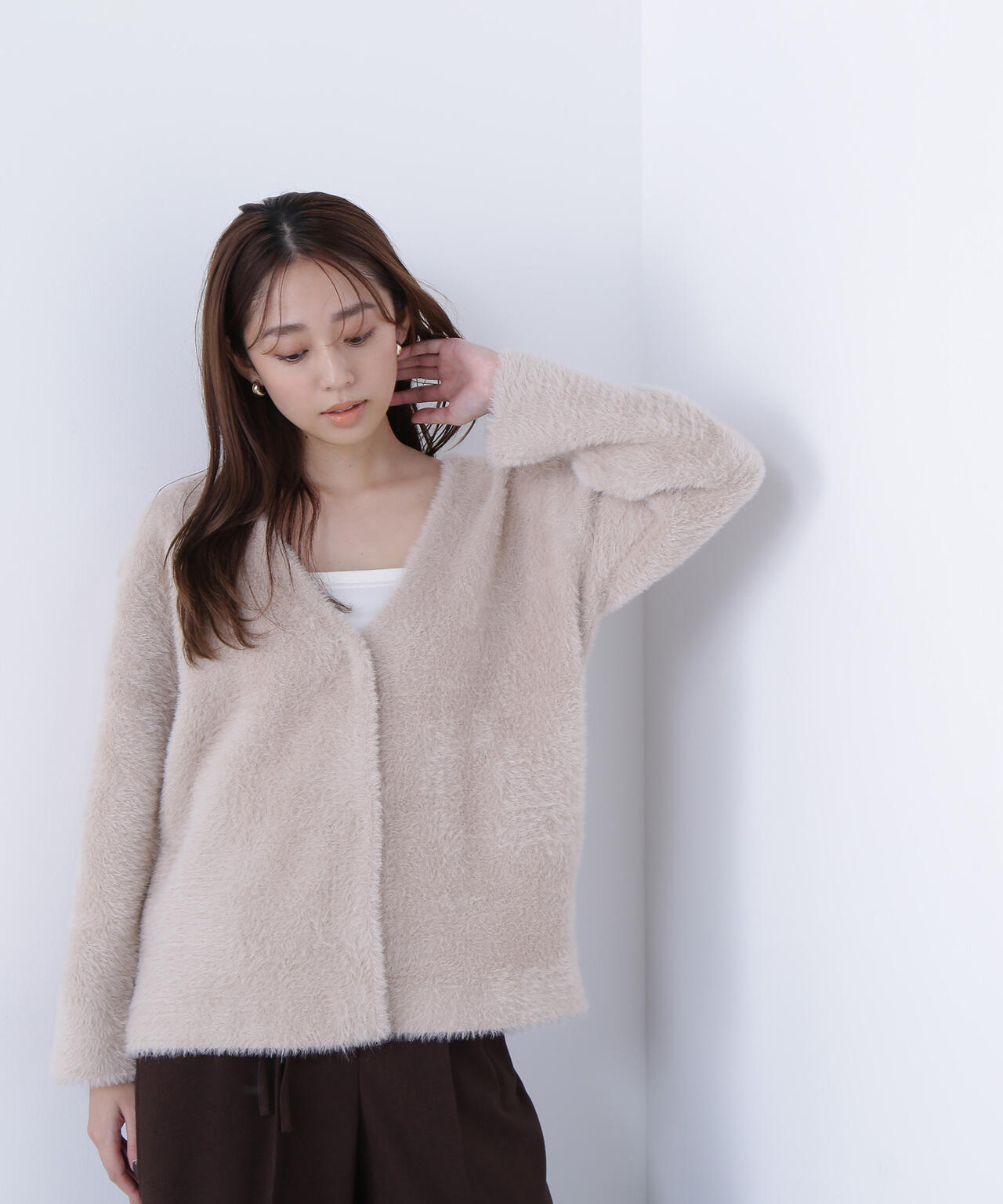 Vネックシャギー接結コーディガン