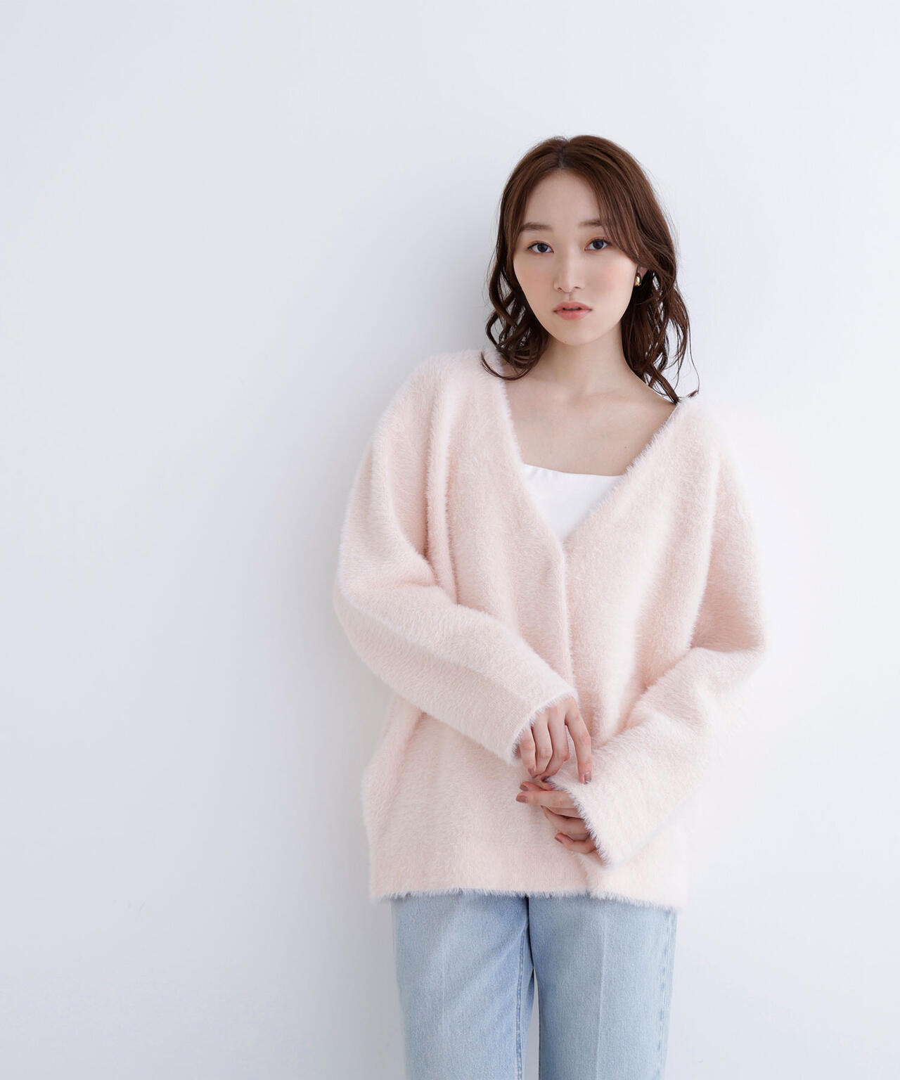 Vネックシャギー接結コーディガン