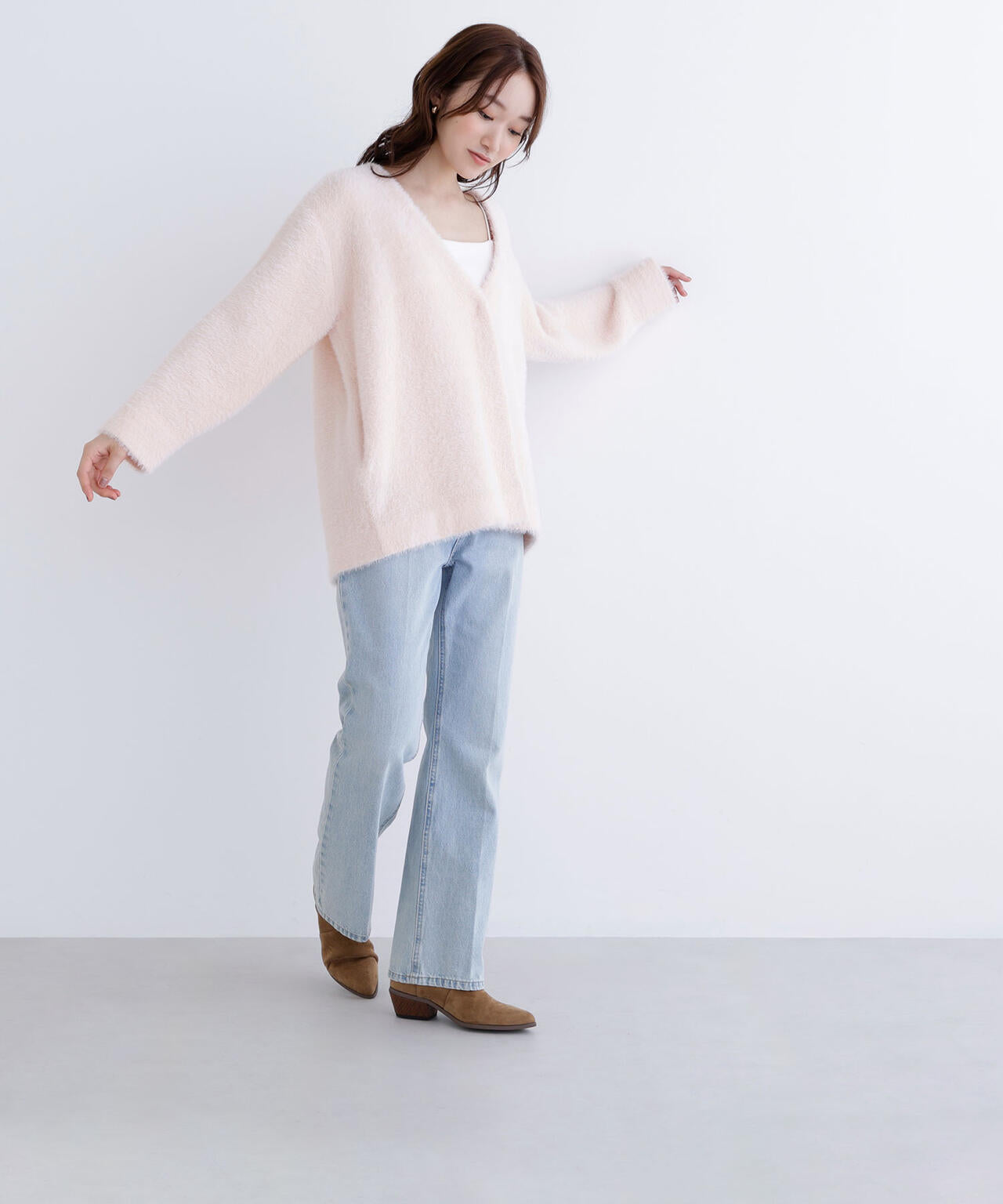 Vネックシャギー接結コーディガン