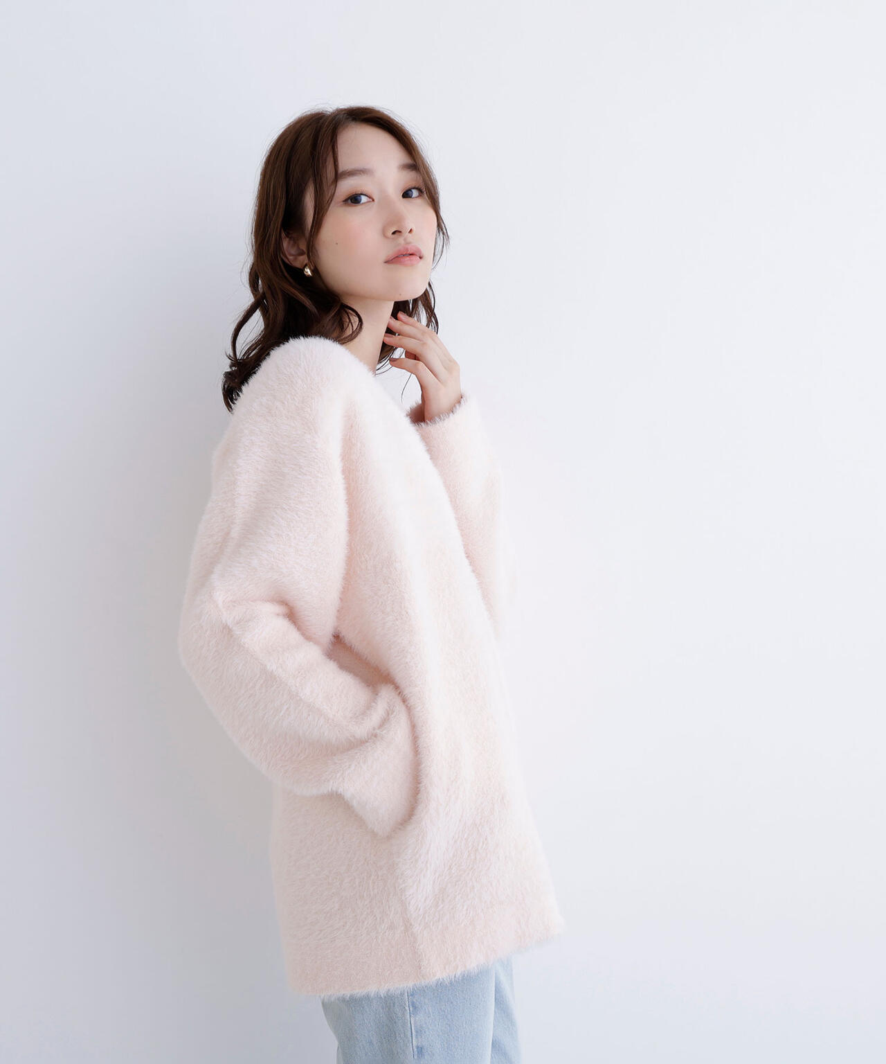 Vネックシャギー接結コーディガン