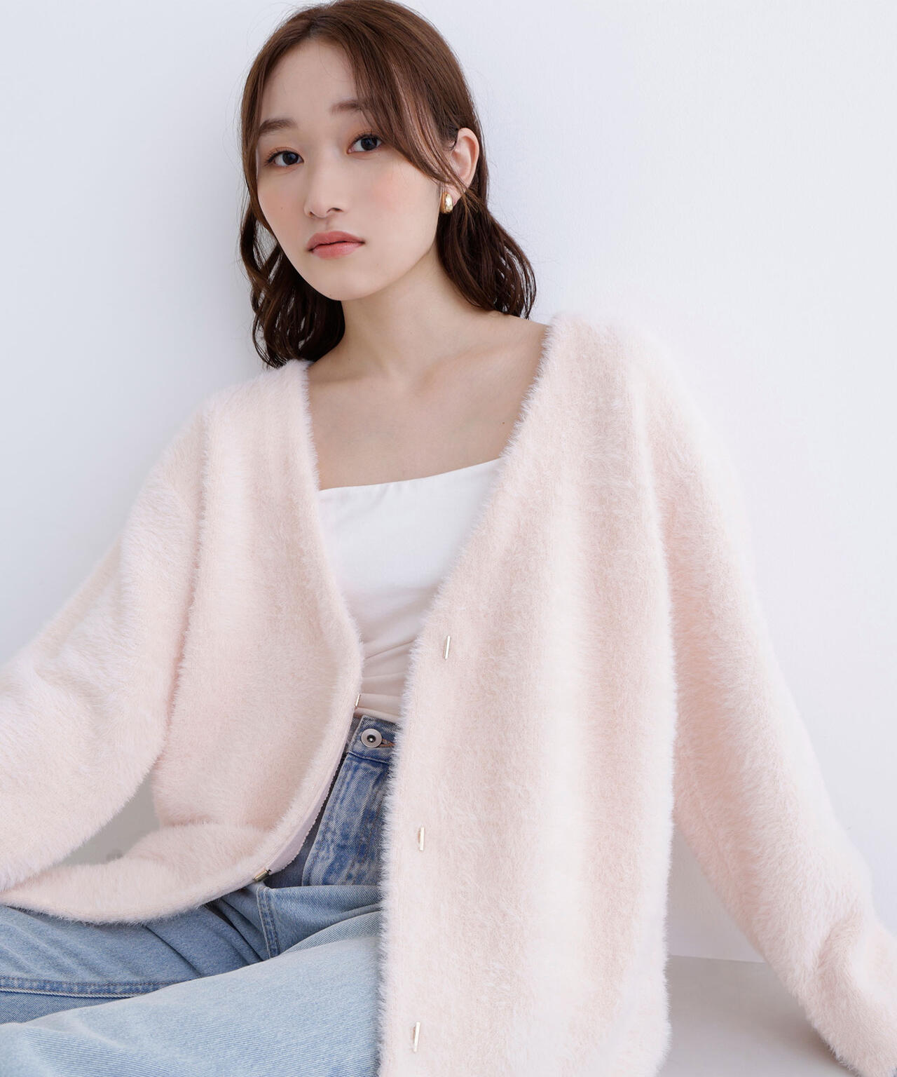 Vネックシャギー接結コーディガン