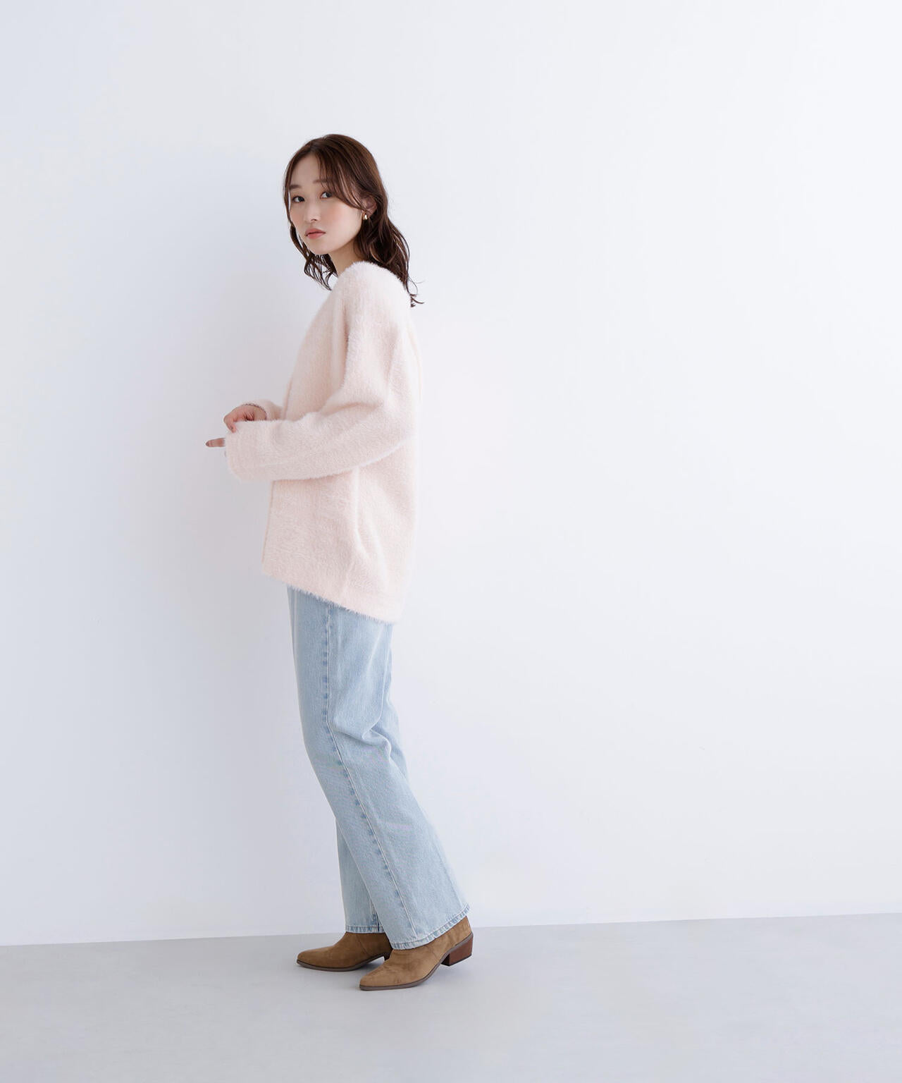 Vネックシャギー接結コーディガン