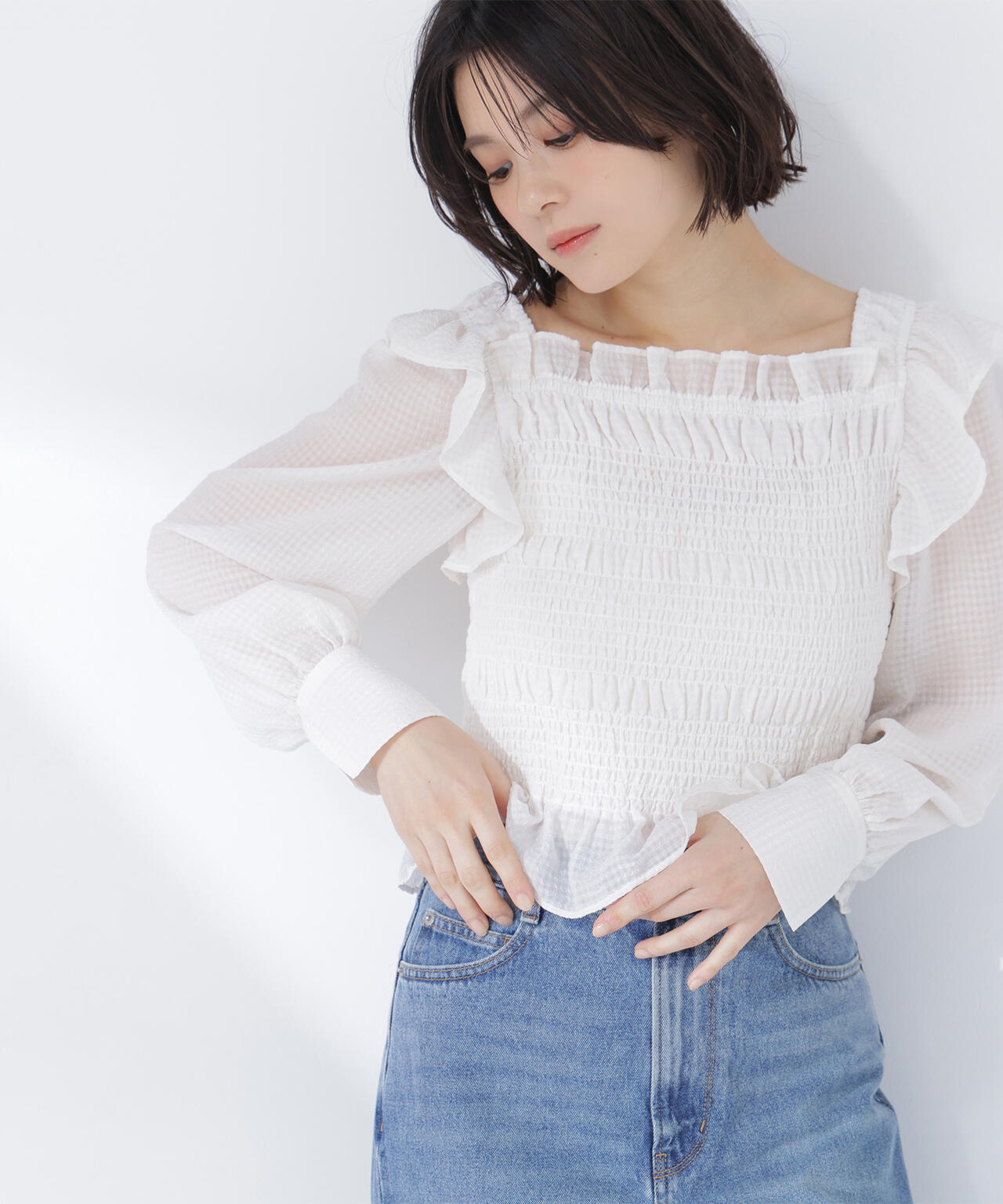 【一部店舗・mix.tokyo 限定カラー:イエロー】シアーチェックシャーリングブラウス