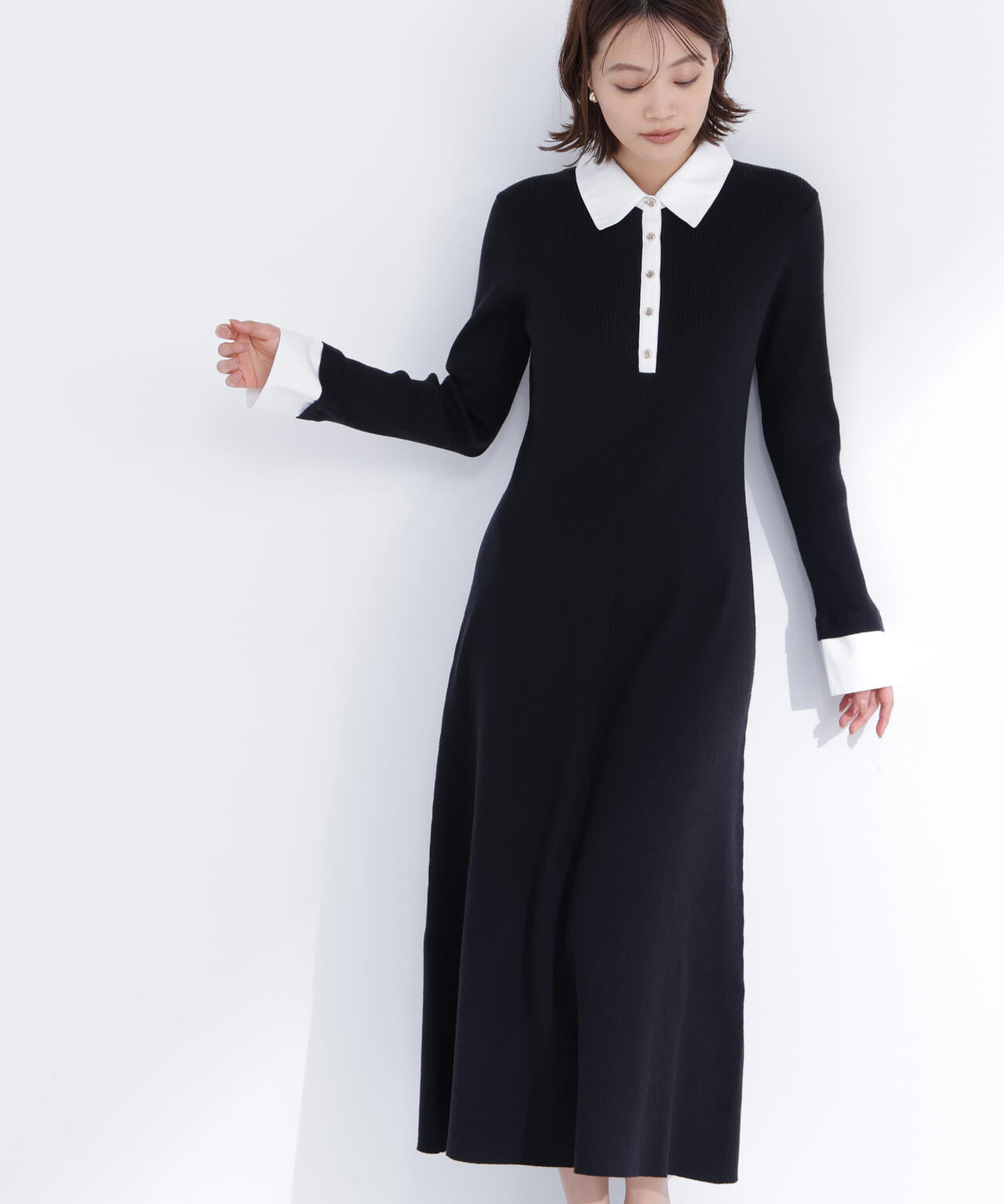 襟付リブニットワンピース