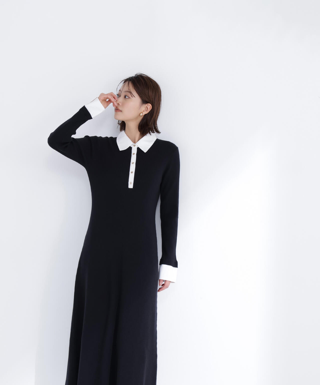 襟付リブニットワンピース