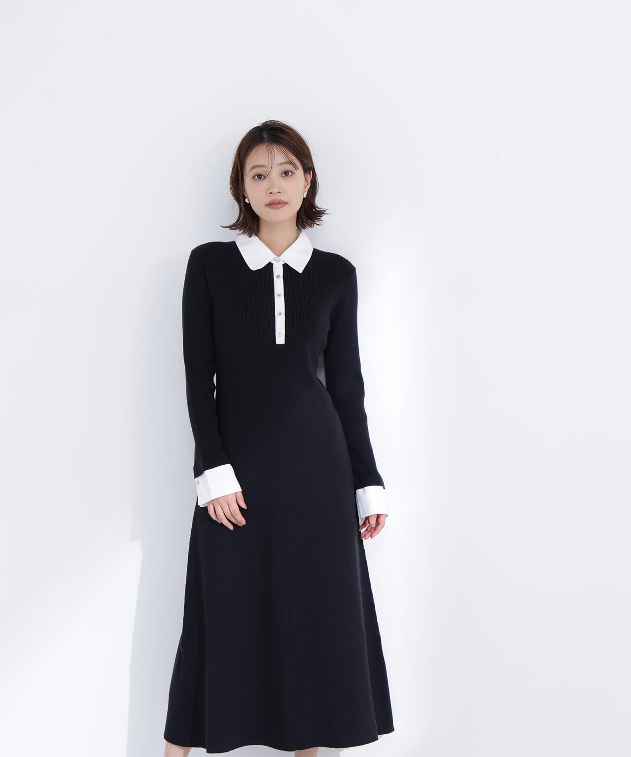 襟付リブニットワンピース