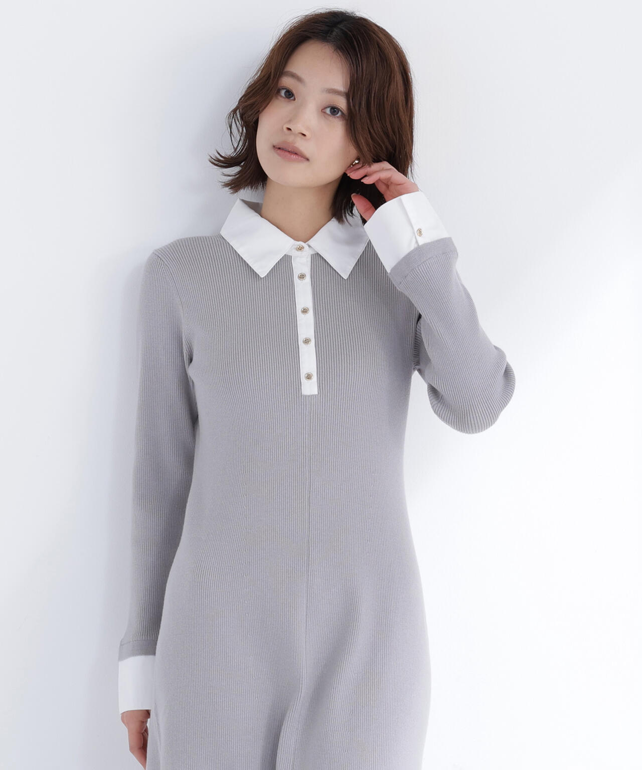 襟付リブニットワンピース