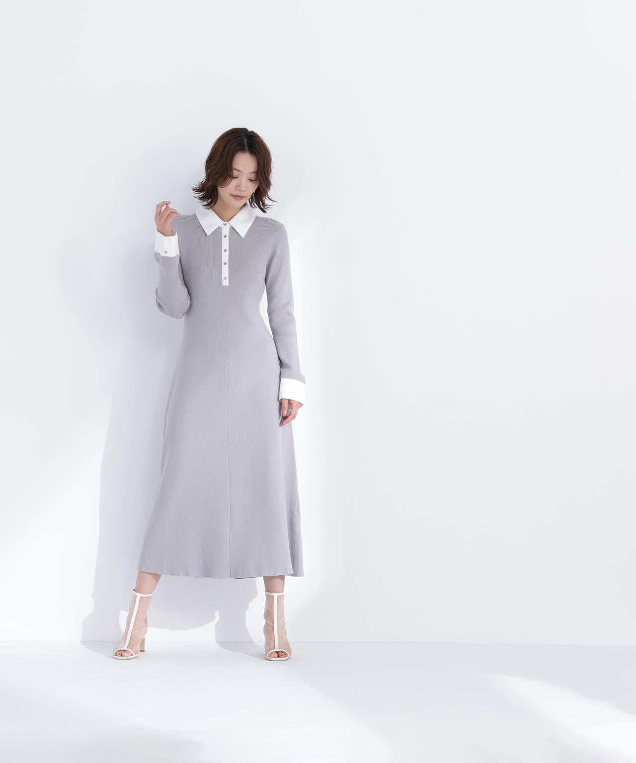 襟付リブニットワンピース