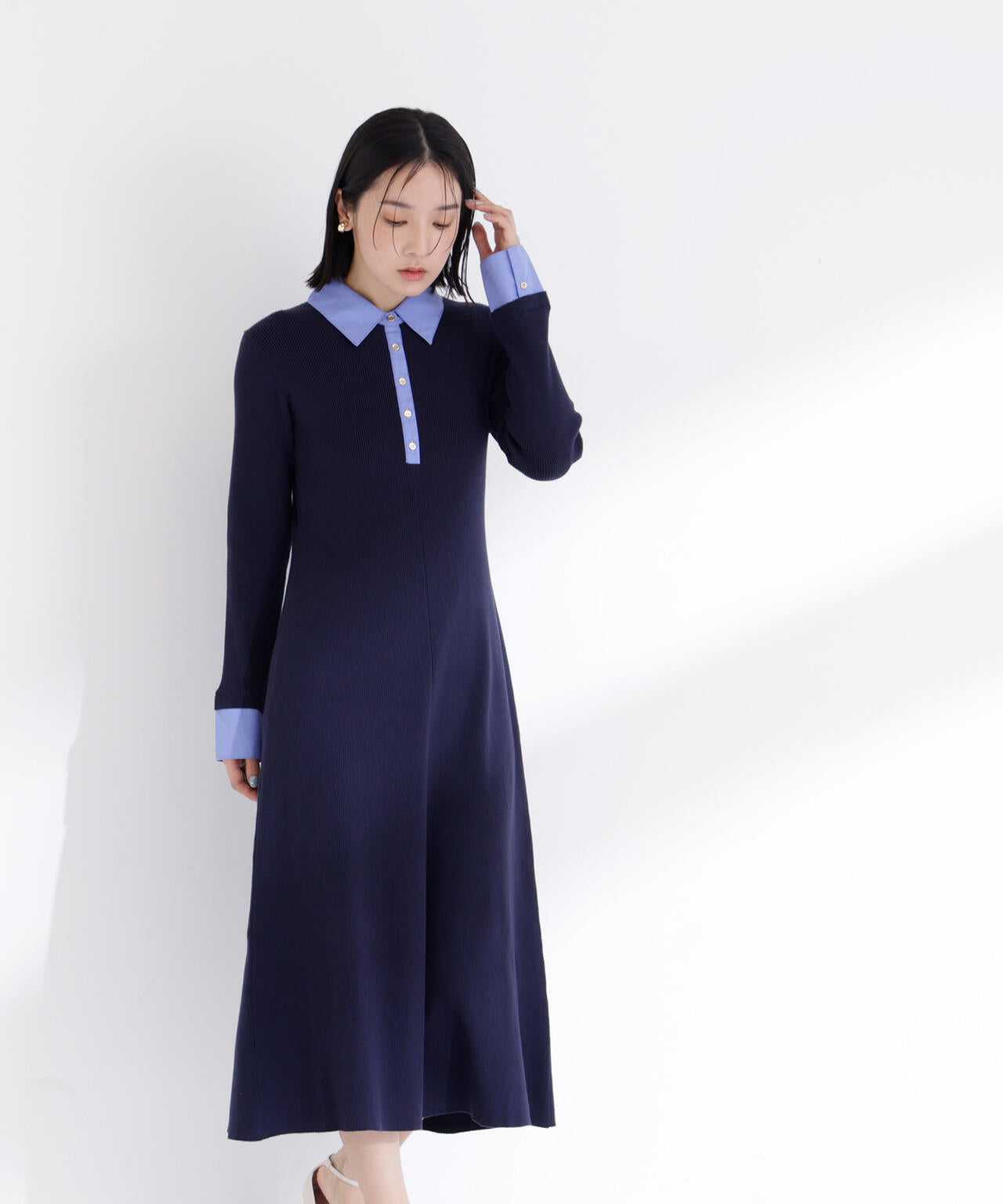 襟付リブニットワンピース