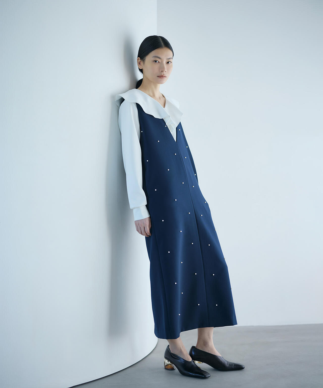 <瞬間コーデ>着るジュエリー。パール付きジャンスカ