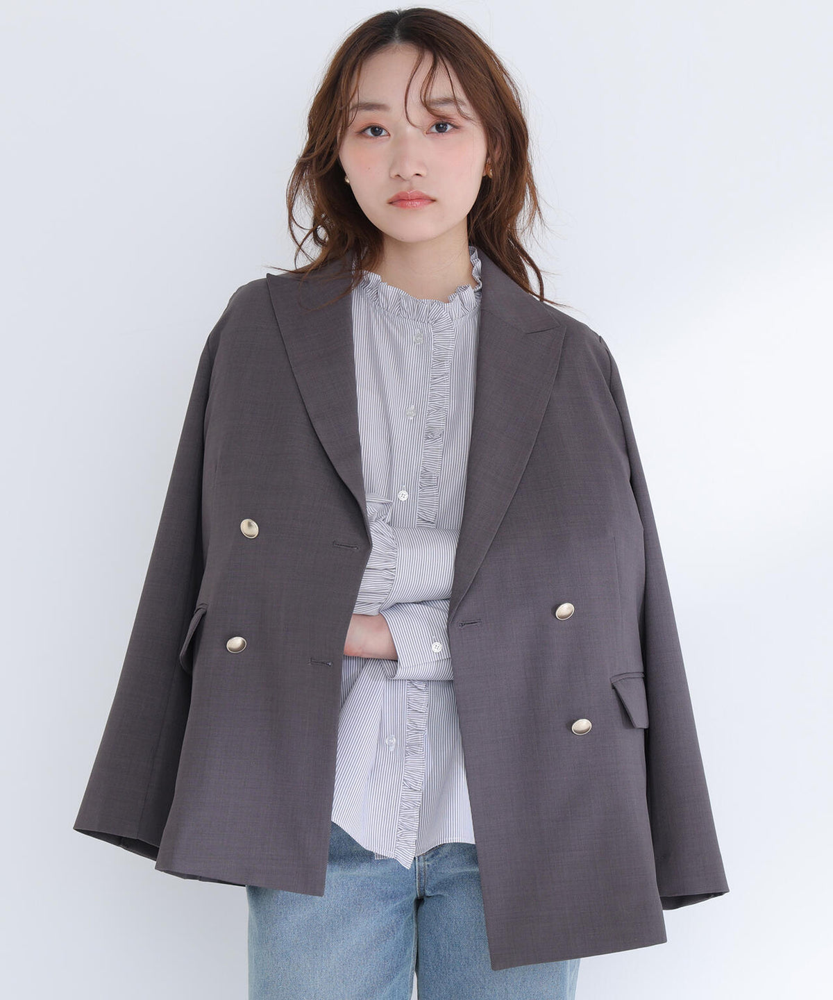 リネンライクダブルブレストボクシージャケット