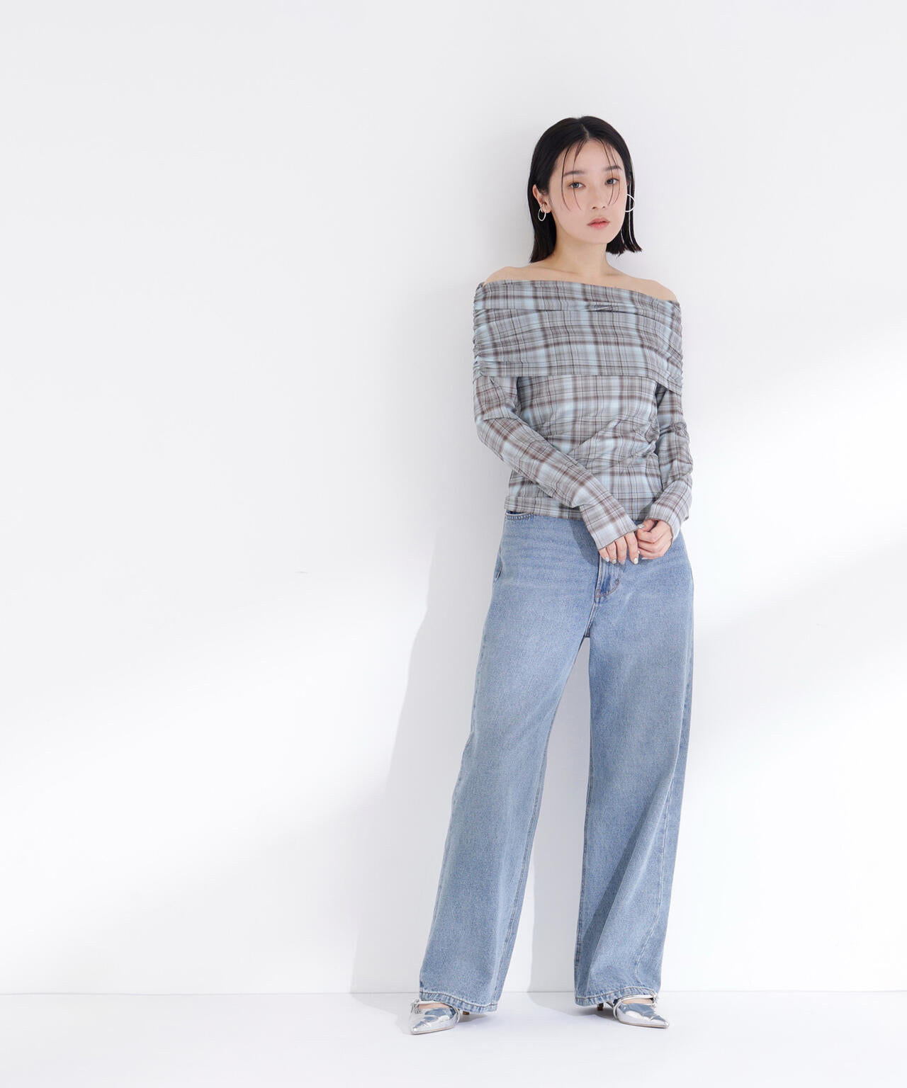 シアーチェックオフショルトップス