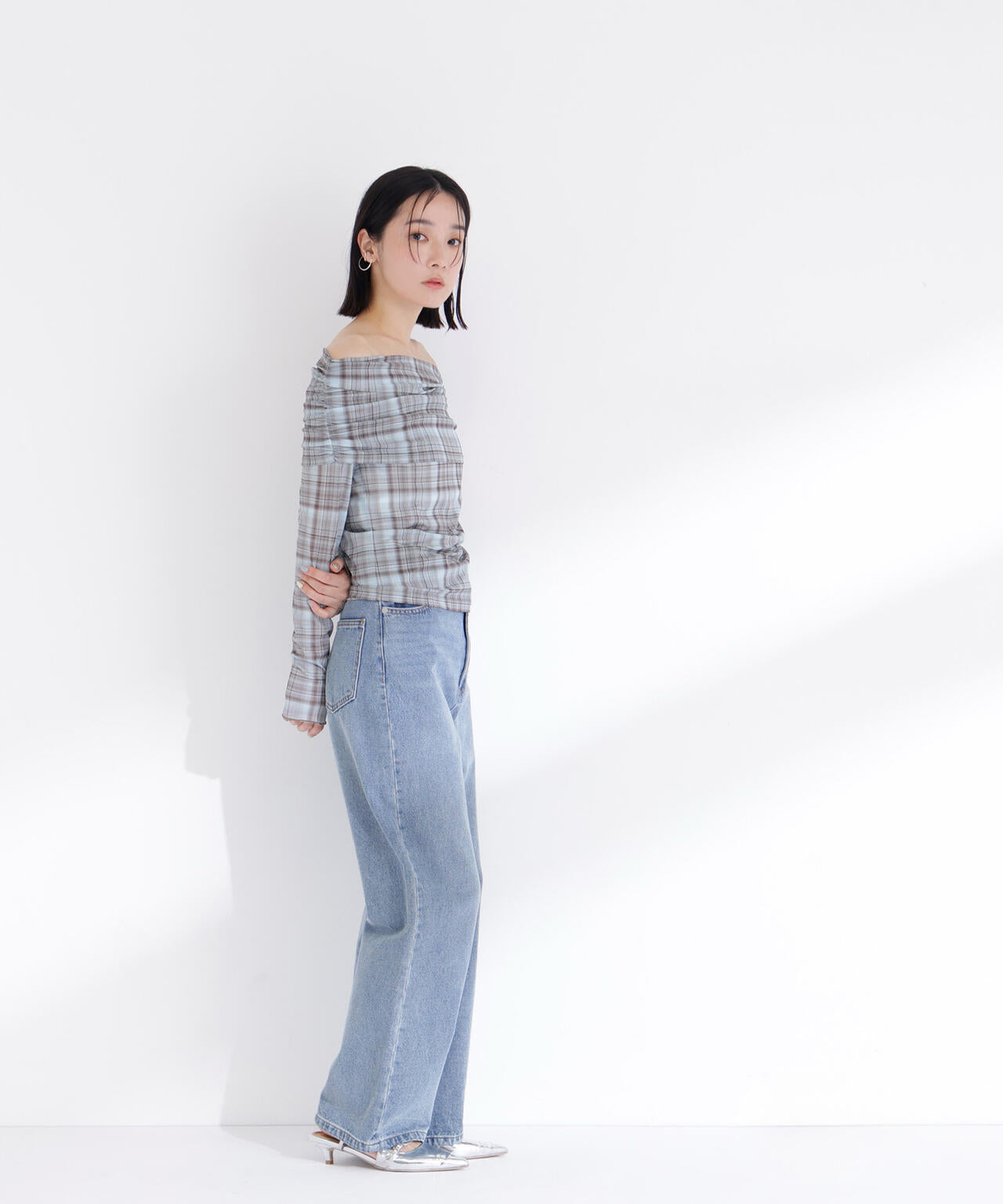 シアーチェックオフショルトップス