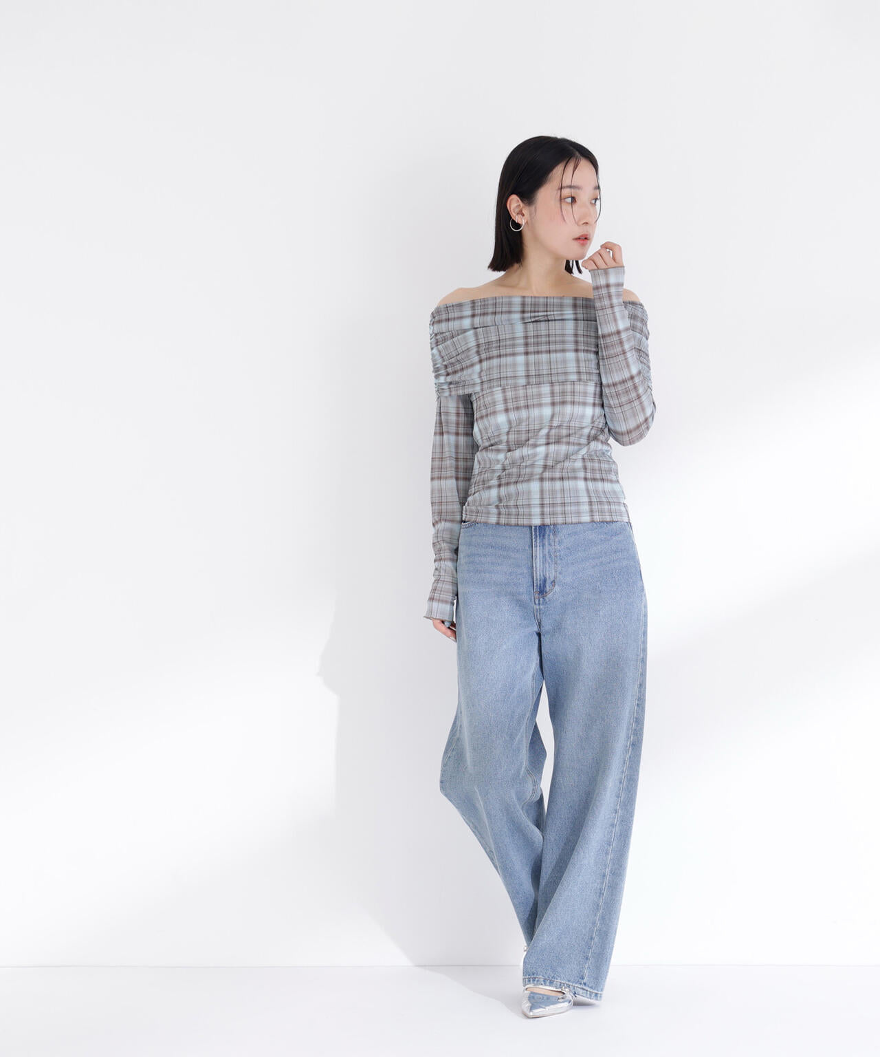 シアーチェックオフショルトップス