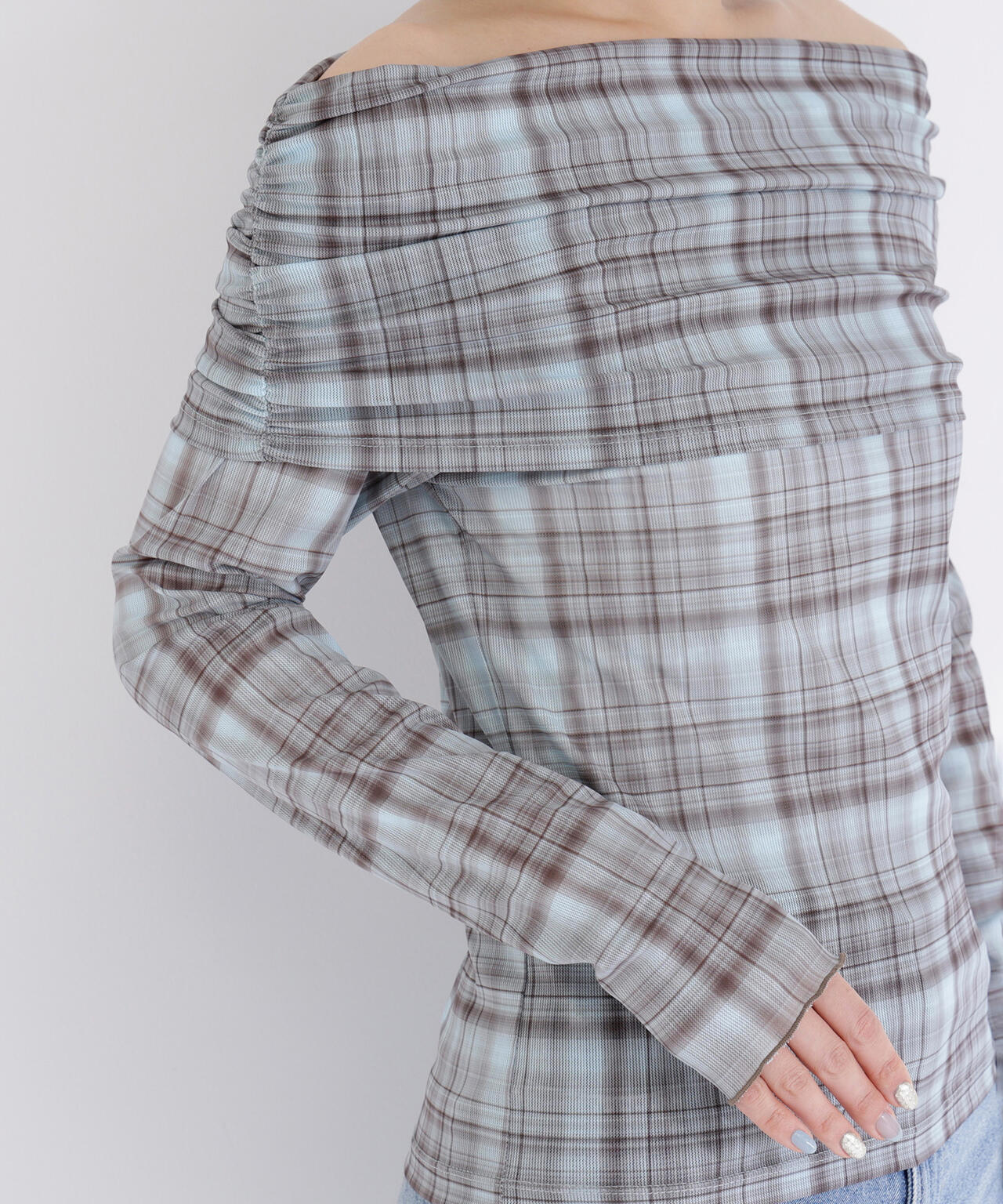 シアーチェックオフショルトップス