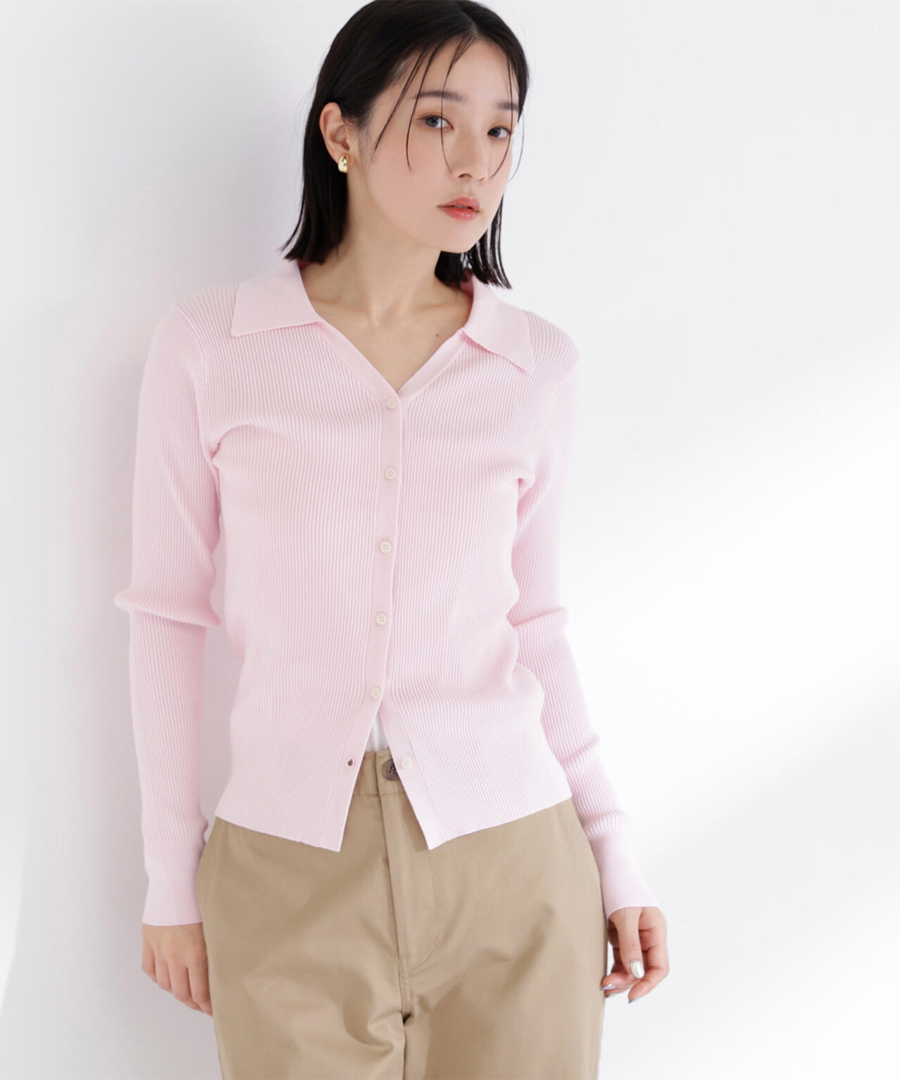 【WEB限定カラー:オレンジ】襟付Vネックリブニット