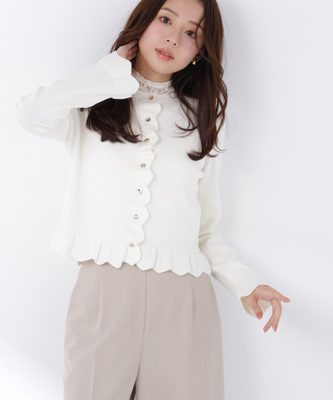 メタルボタンフリルカーディガン