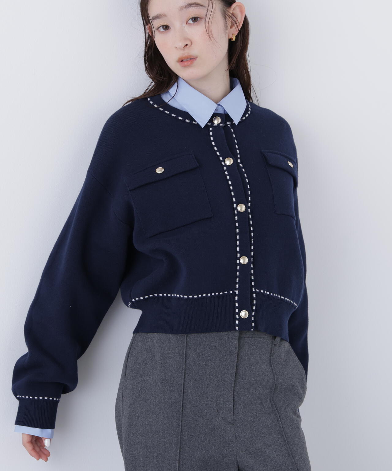 【銀座インズ・mix.tokyo 限定カラー:ネイビー】ステッチニットジャケット