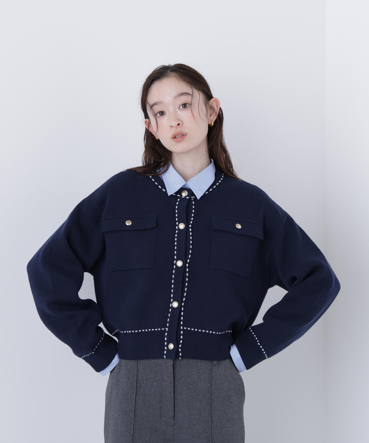 【銀座インズ・mix.tokyo 限定カラー:ネイビー】ステッチニットジャケット