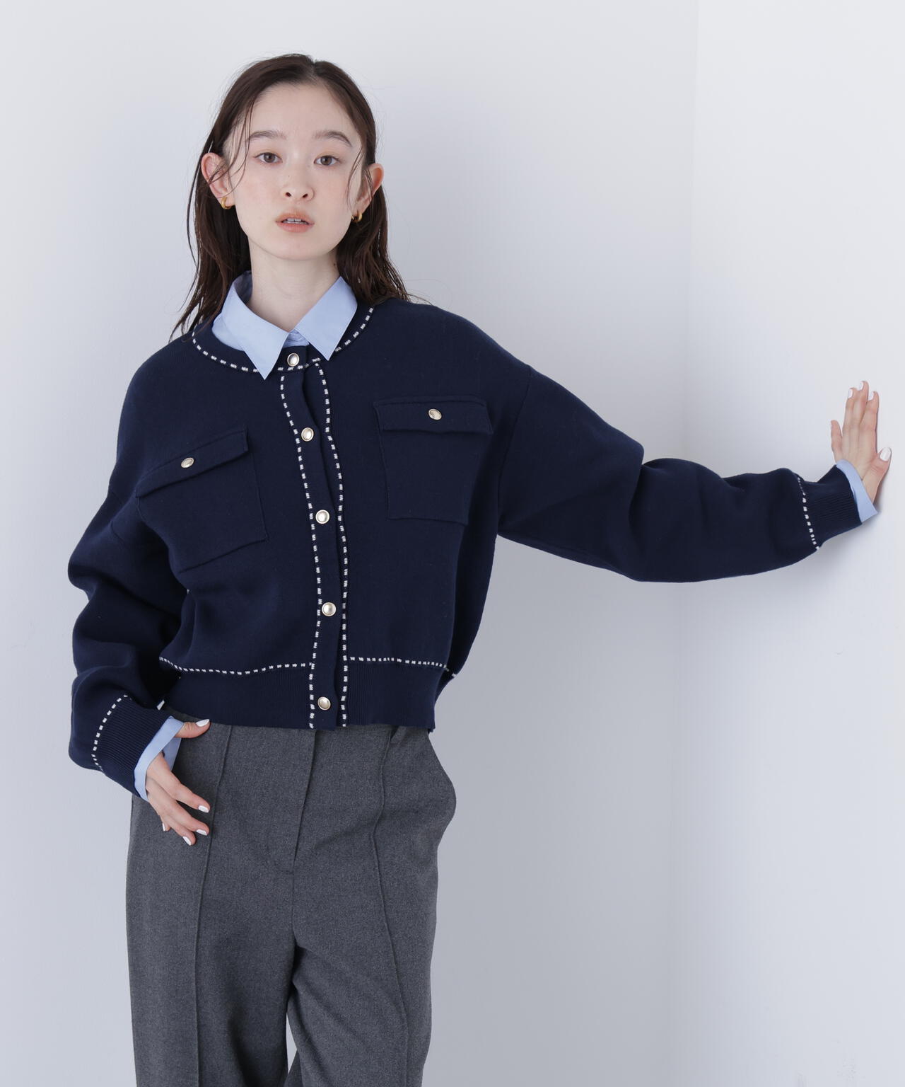 【銀座インズ・mix.tokyo 限定カラー:ネイビー】ステッチニットジャケット