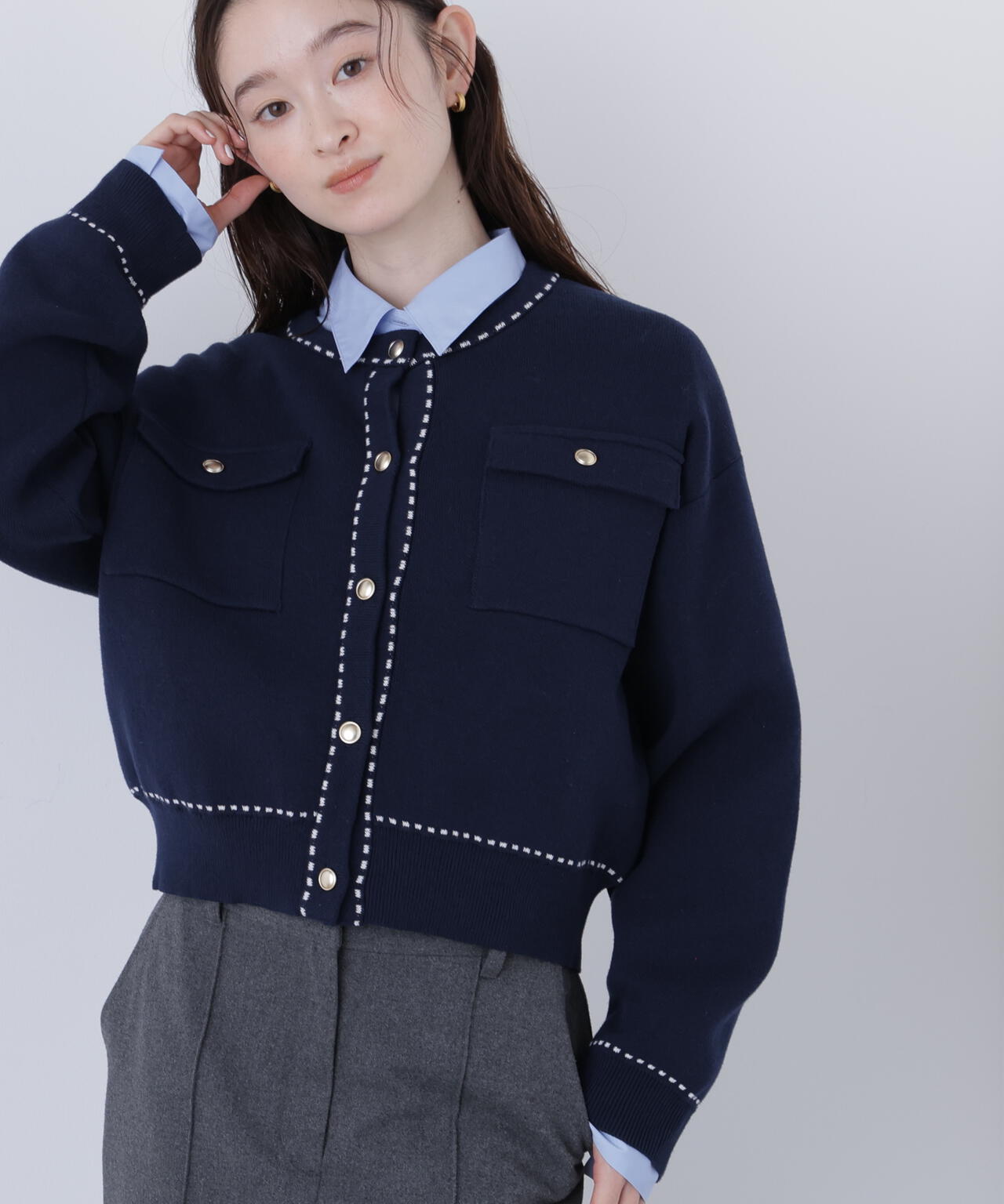 【銀座インズ・mix.tokyo 限定カラー:ネイビー】ステッチニットジャケット