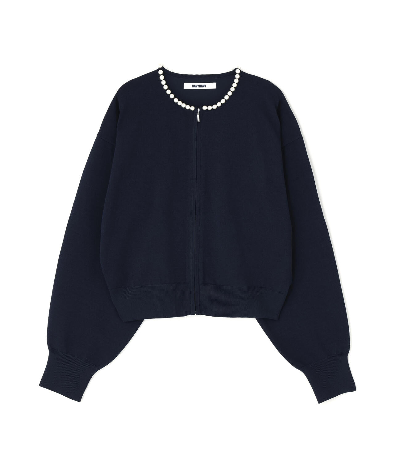 【新品未使用】値下げ中  ネイビー ニット M 好きを着て気分が上がる】洗えるパールネックジップアップニット