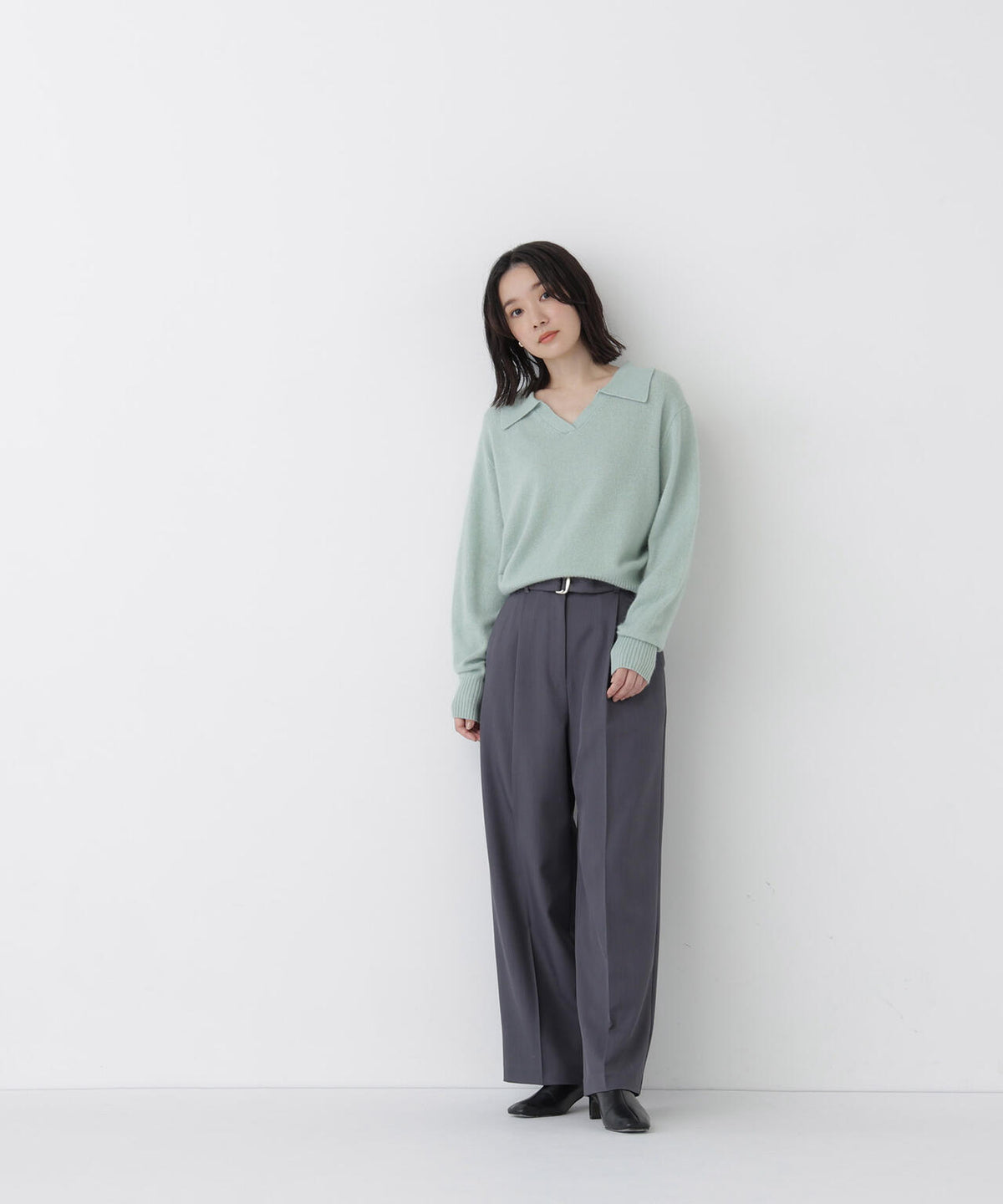 <EC限定カラー:ライトグリーン><ちょうど、いい服>品よく、ゆるく。スキッパーニット
