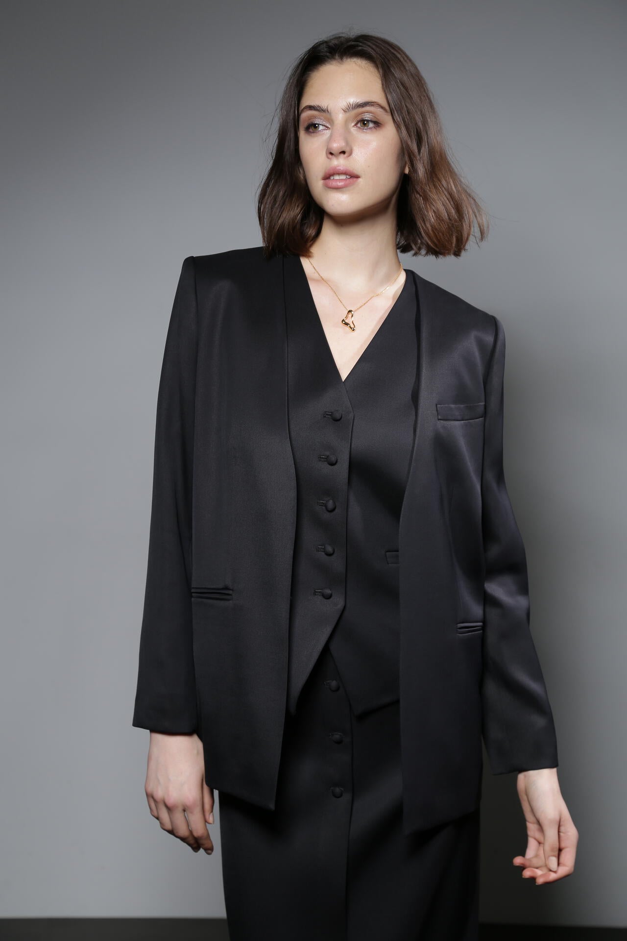 ノーカラーツイルジャケット_