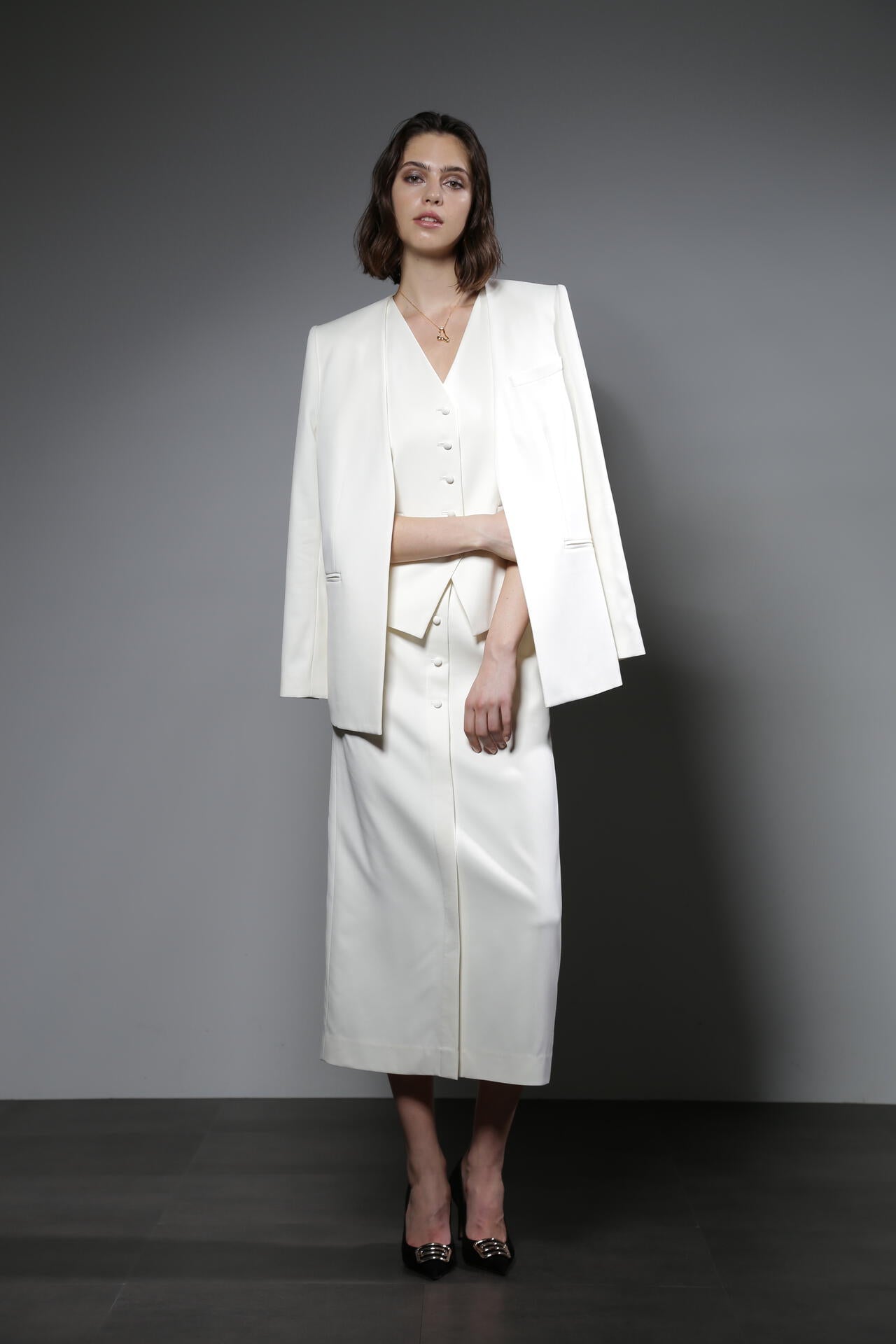 ノーカラーツイルジャケット_